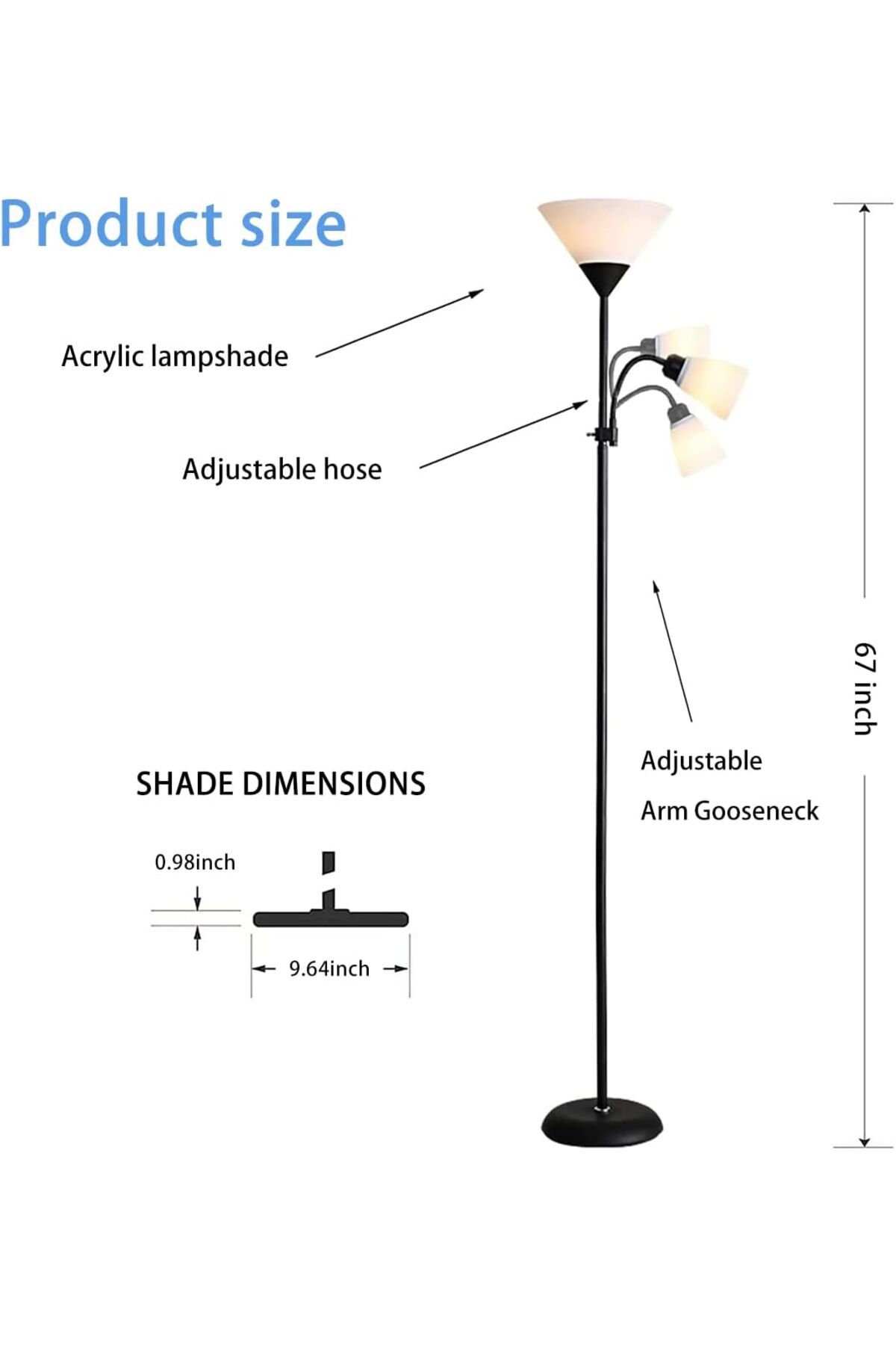 COOYA-12W LED Floor Lamp, Vertical Light with Double Lights, with Adjustable Reading Light, 2-Way Switch 2