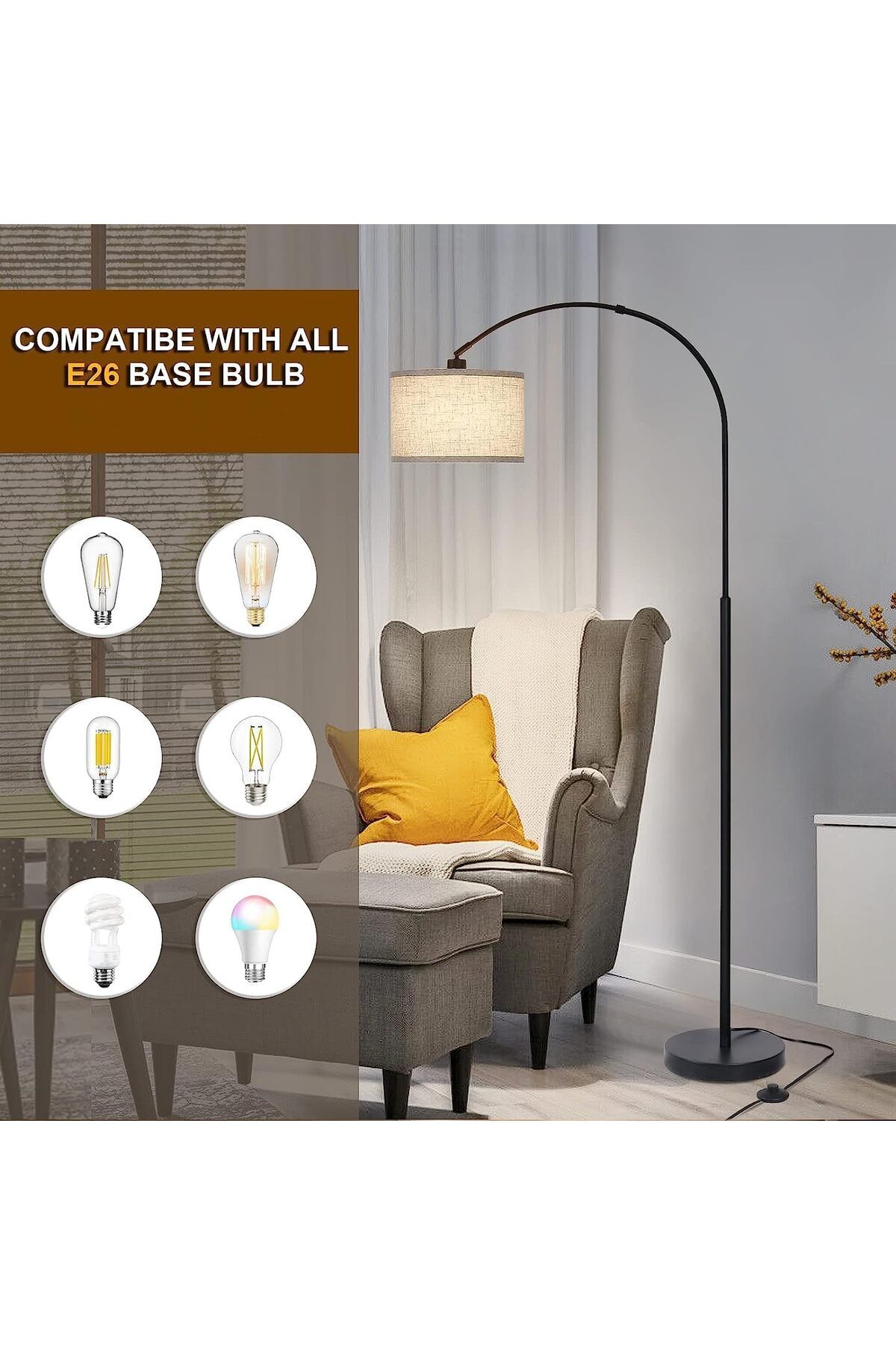 COOYA-LED Arc Floor Lamp, with Adjustable Hanging Drum Shade, 185CM Height Tall, 12W Bulb Included 5