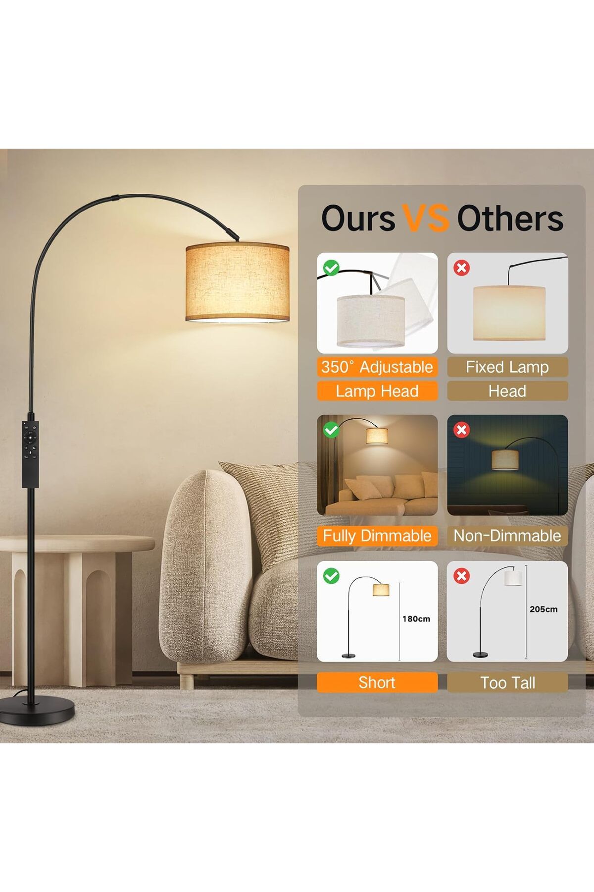 COOYA-Arc Floor Lamp, with Remote Control, 4 Colour Temperature Dimmable, 9W LED Bulb Included 4