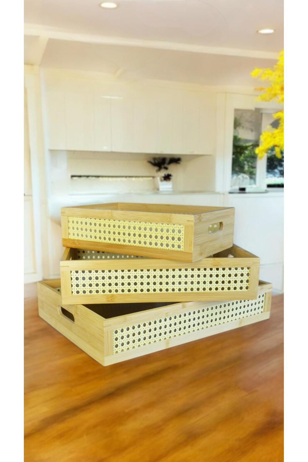 Bayev-Set of 3 Bamboo Hazeran Rectangular Trays - Decorative Presentation Serving Tray 1