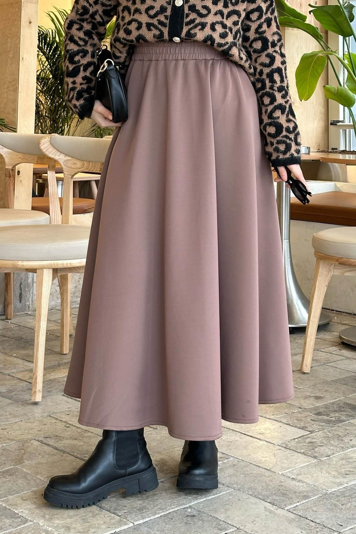lamelif.com-Flared Skirt - Scuba Fabric and Soft Brown 4