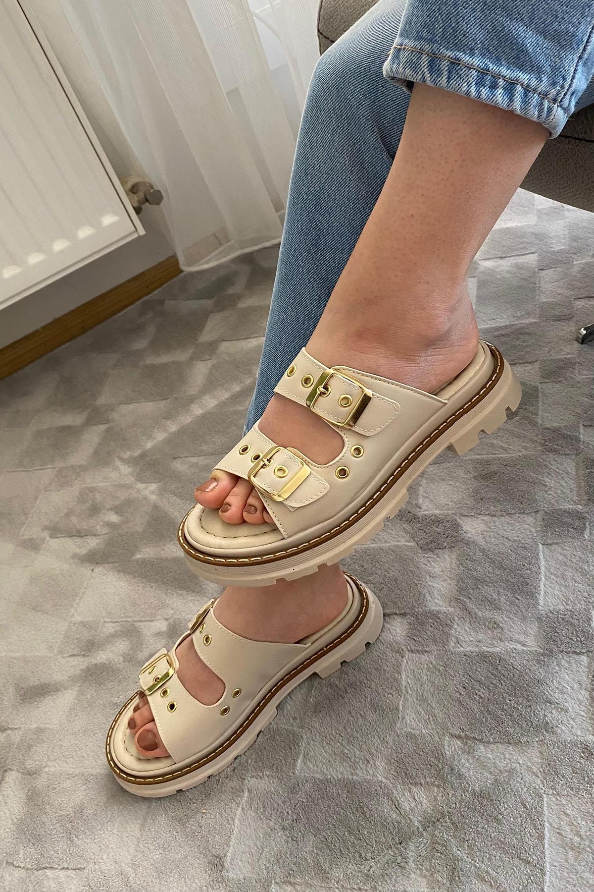 Preshley-Women's Orthopedic Sandals Slippers K-100 Beige Double Banded Thick Sole Related Profile Production 3