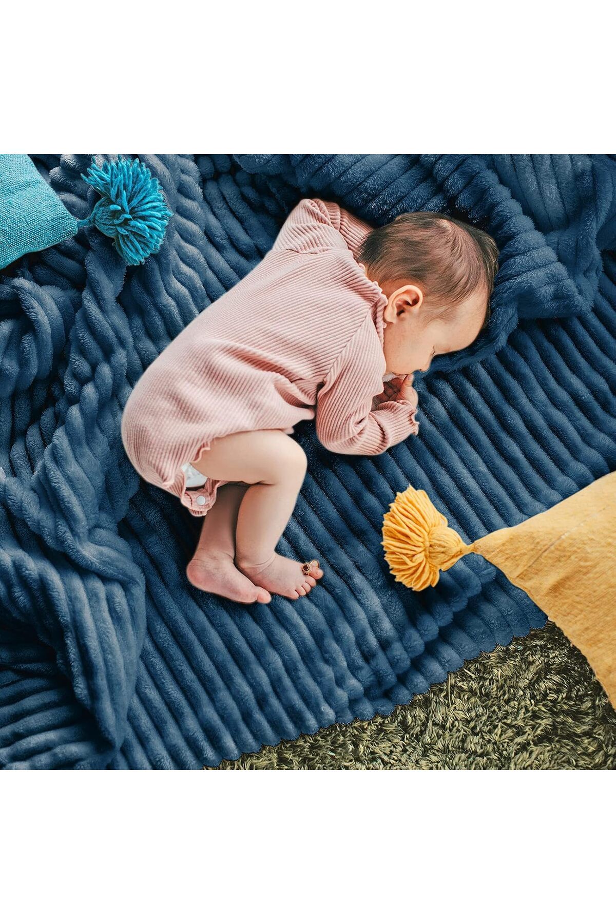 COOYA-Fleece Blanket Twin Size – 51x63, Blue with Pompom Fringe - Flannel Blanket Throw Blanket 6