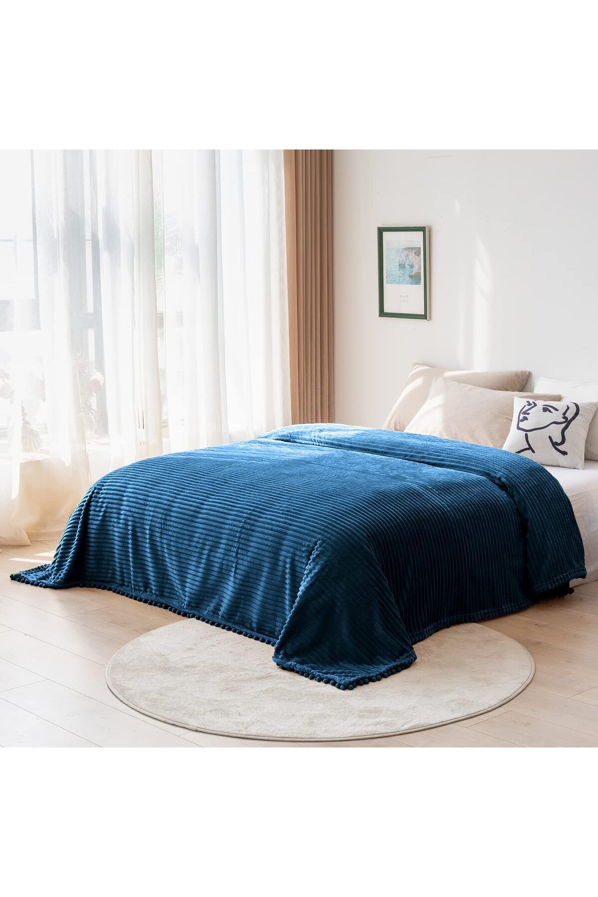 COOYA-Fleece Blanket Twin Size – 51x63, Blue with Pompom Fringe - Flannel Blanket Throw Blanket 5