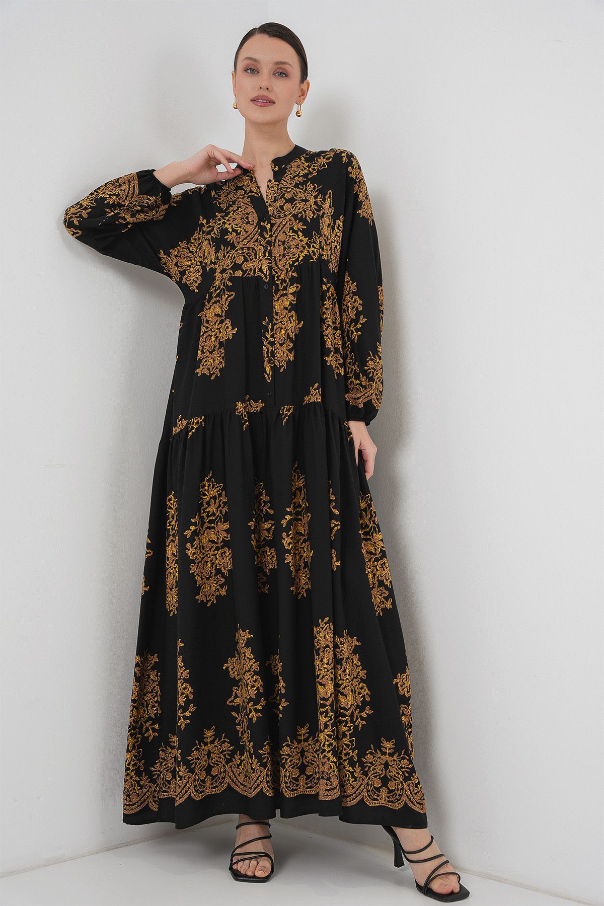 Bigdart-2423 Model Authentic Patterned Black Dress 4