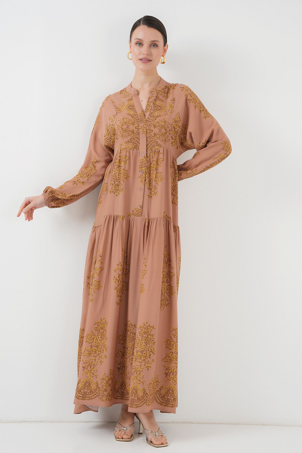Bigdart-2423 Model Authentic Patterned Brick Colored Dress 3