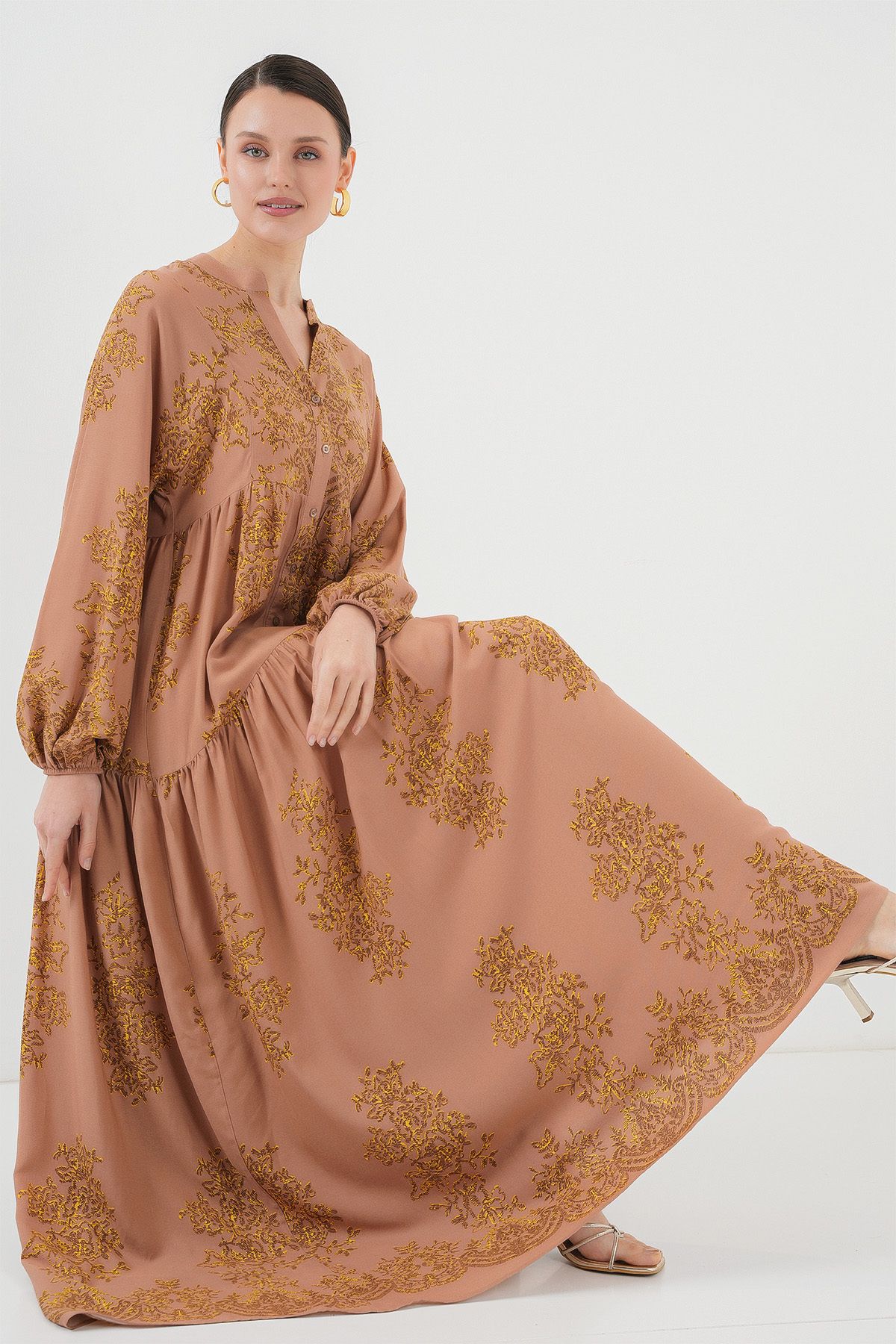 Bigdart-2423 Model Authentic Patterned Brick Colored Dress 2