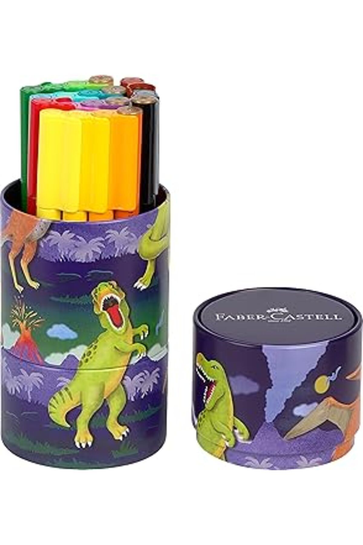 Pazarcan Faber-Castell 155546 - Keçeli Kalem Seti Connector Dino, 20'Li Metal Kutu, Yıkanabilir, Çocuklar Iç