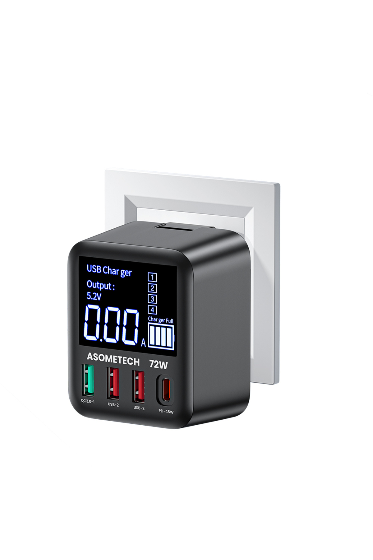 ASOMETECH-US Plug ASOMETECH 72W GaN USB Charger 4 Port With LED Display QC3.0 PD3.0 PPS 45W USB C Fast Charger 7