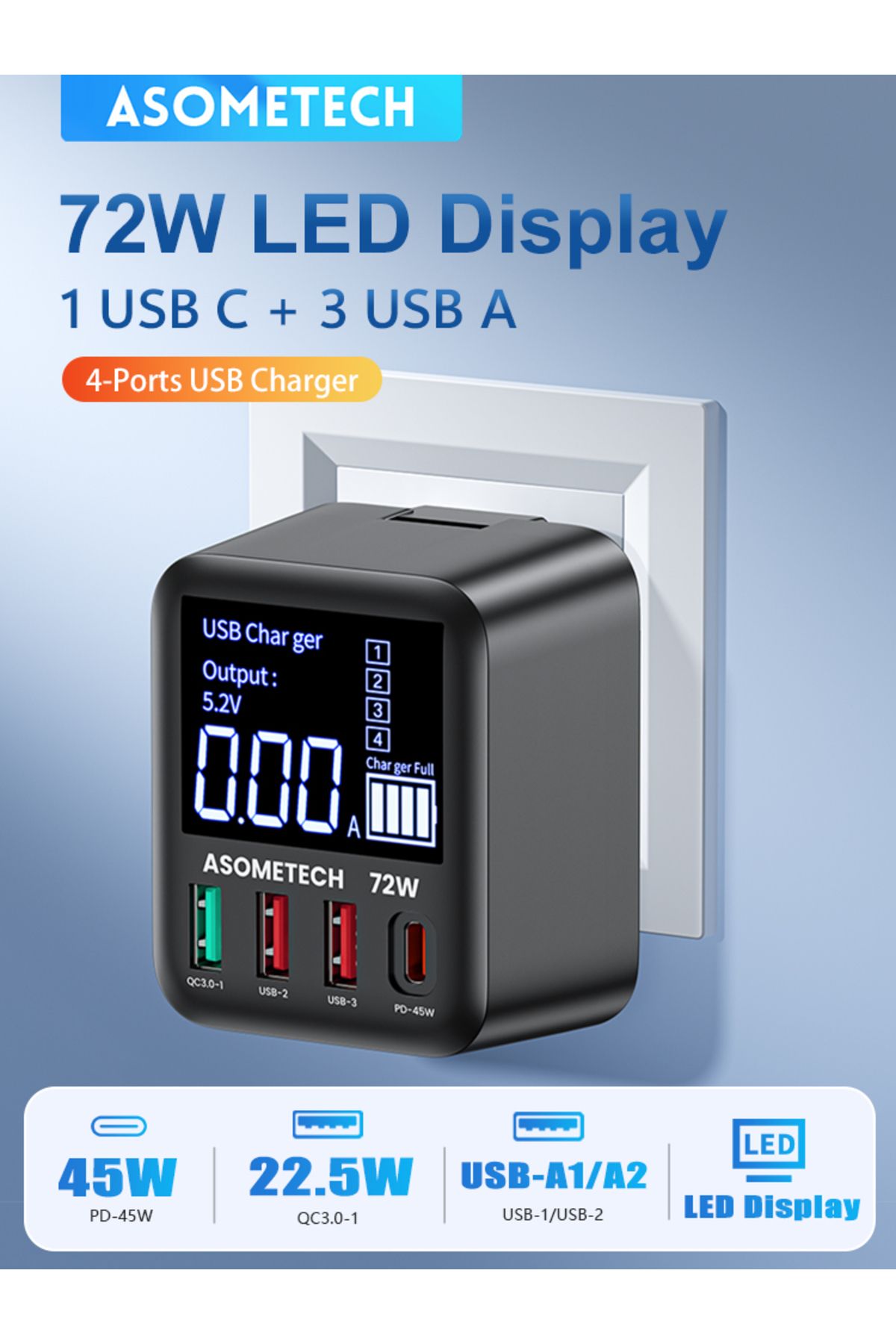 ASOMETECH-US Plug ASOMETECH 72W GaN USB Charger 4 Port With LED Display QC3.0 PD3.0 PPS 45W USB C Fast Charger 8