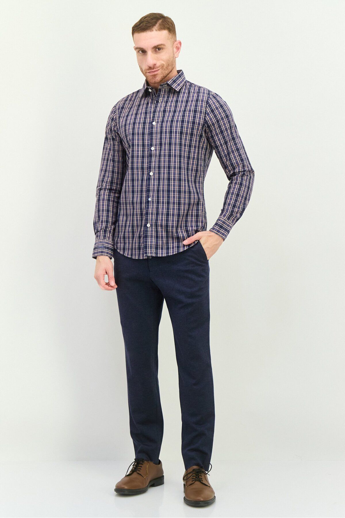 GAS-Men Regular Fit Checkered Long Sleeve Casual Shirt, Navy/Black Combo 4