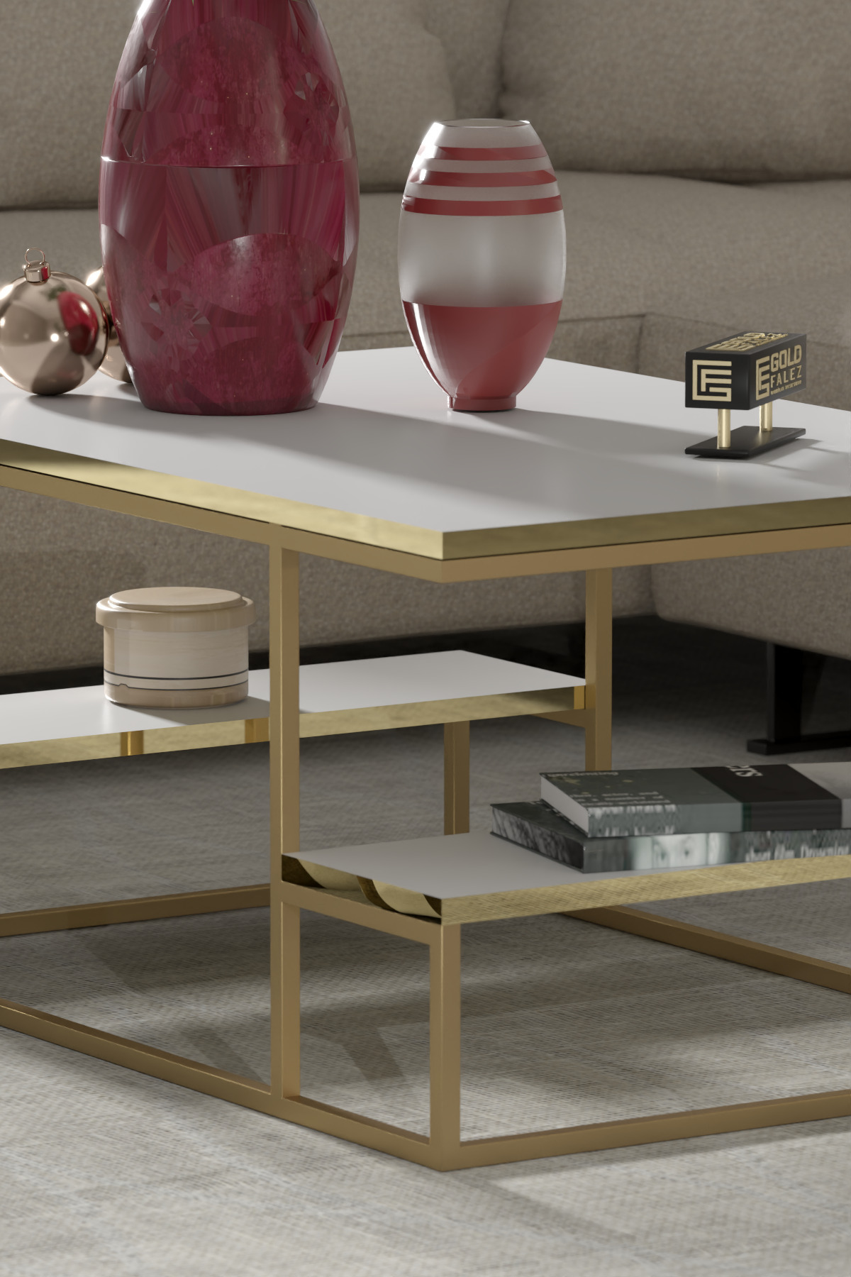 Goldfalez Delux Orta Sehpa Gold Beyaz 90x60 cm görsel 3