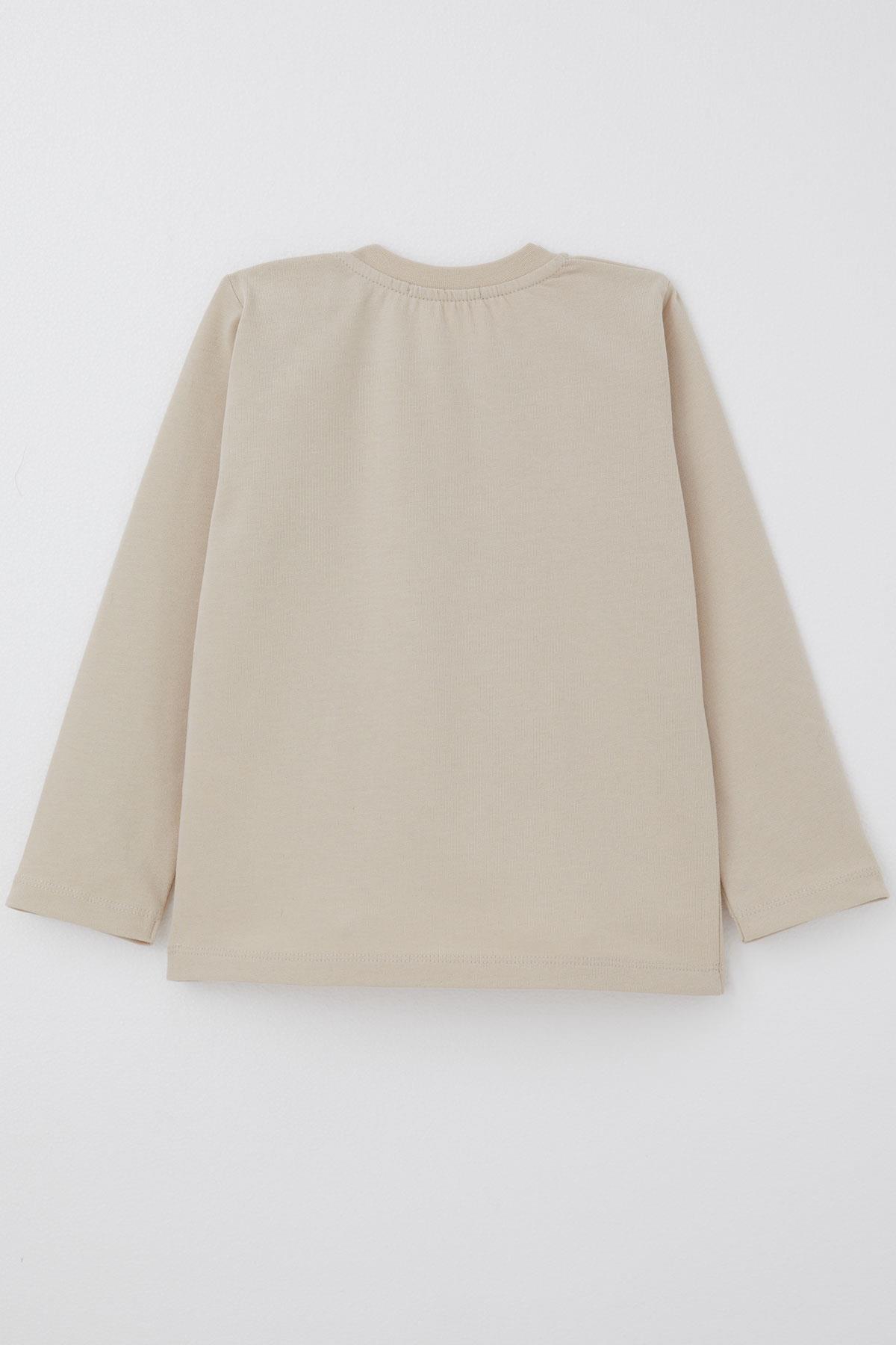 Breeze-Baby Boy Long Sleeve T-Shirt with Pocket Detail and Cool Text Emblem 9 Months-3 Years, Beige 2