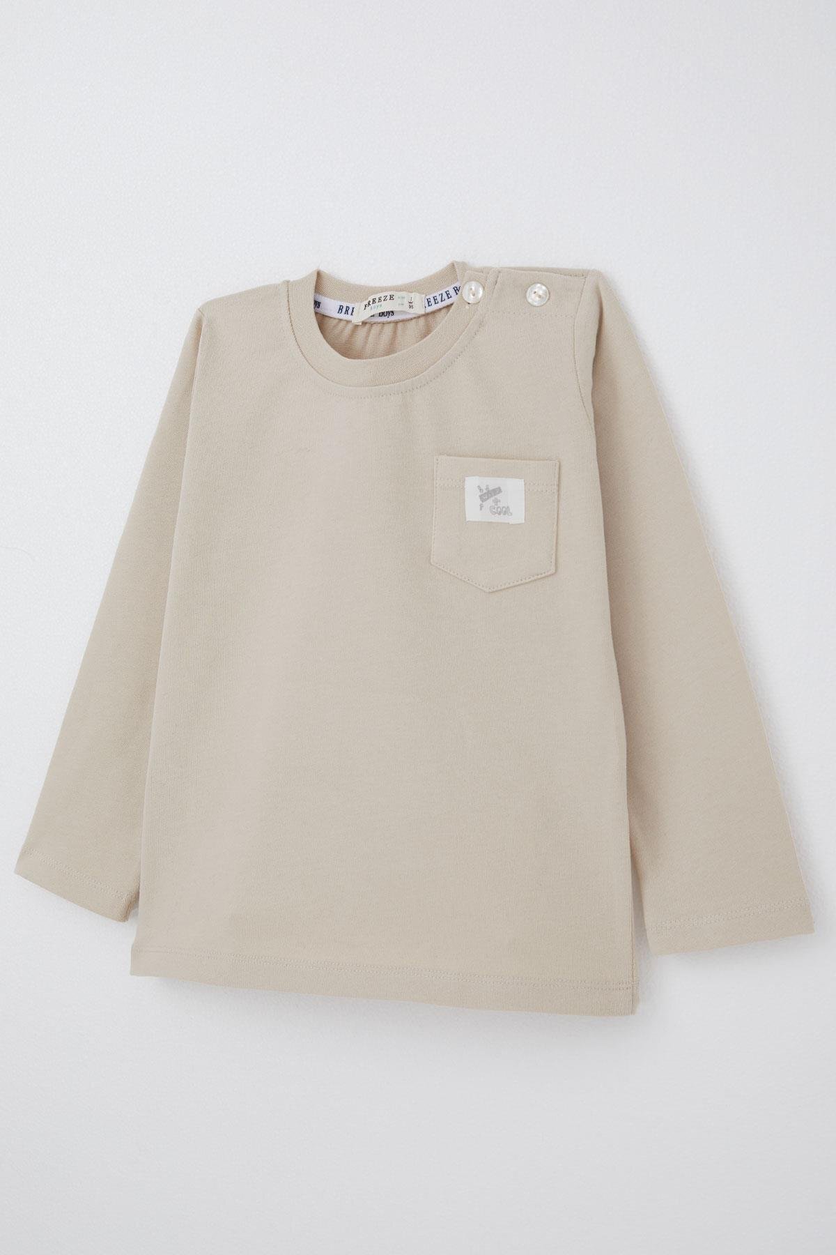 Breeze-Baby Boy Long Sleeve T-Shirt with Pocket Detail and Cool Text Emblem 9 Months-3 Years, Beige 3