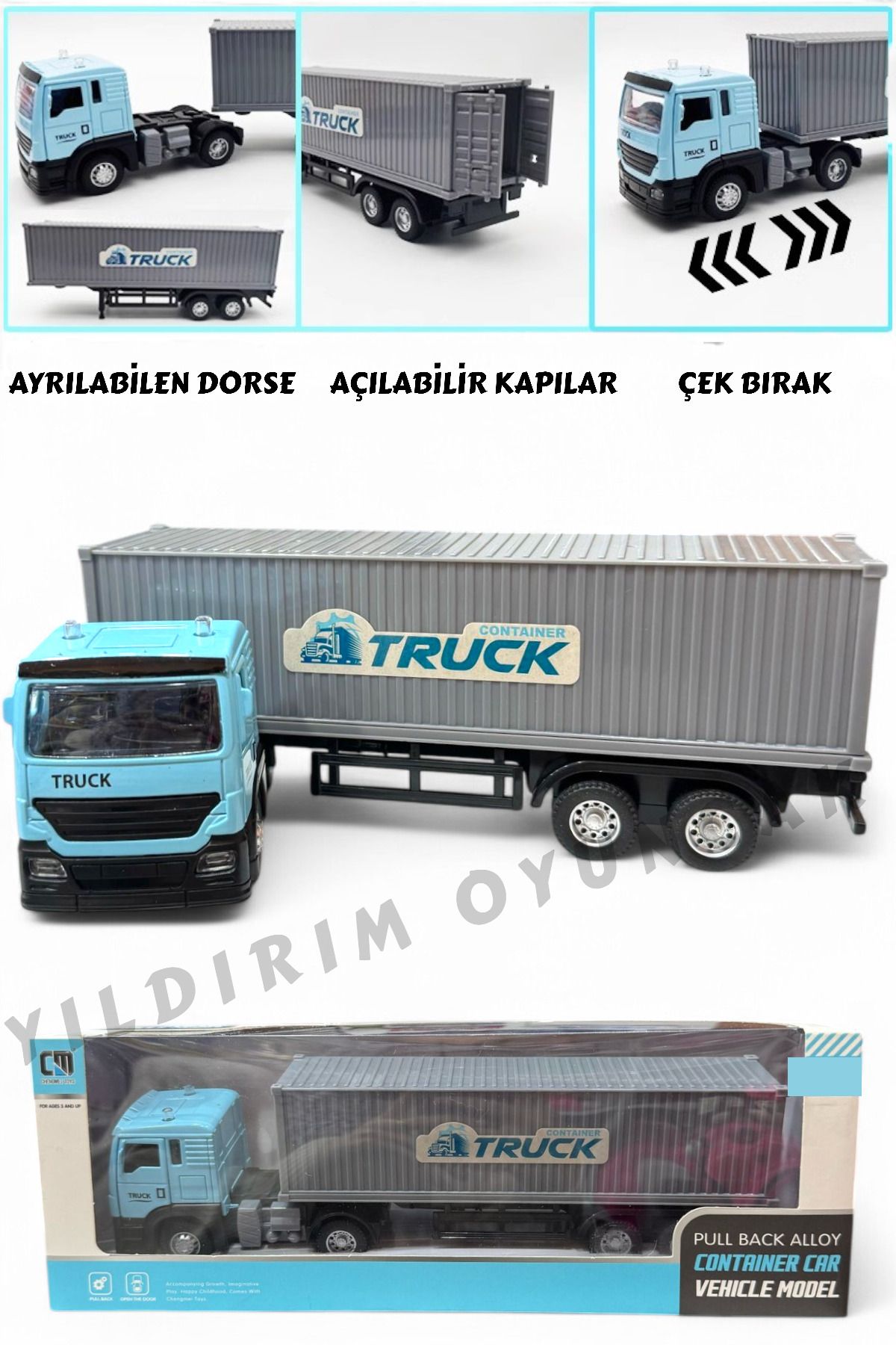 YILDIRIM OYUNCAK Metal Çek Bırak Ayrılabilir Ön Dorseli Açılabilir Kapılar 1:64 Ölçek 26 cm Dorseli Tır