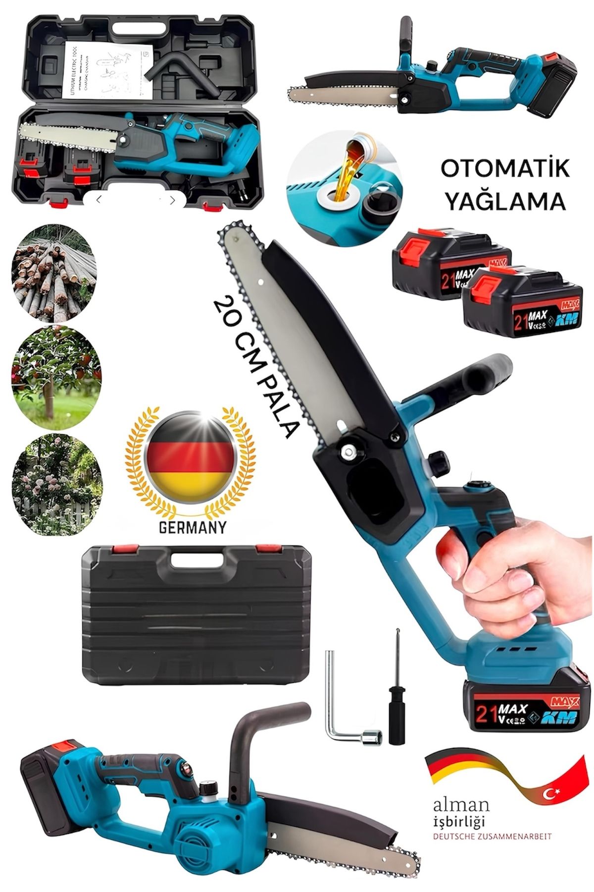 Germany Steel 2 Bataryalı Şarjlı Ağaç Odun Dal Budama Odun Kesme El Testeresi 20 Cm Pala Otomatik Yağlamalı