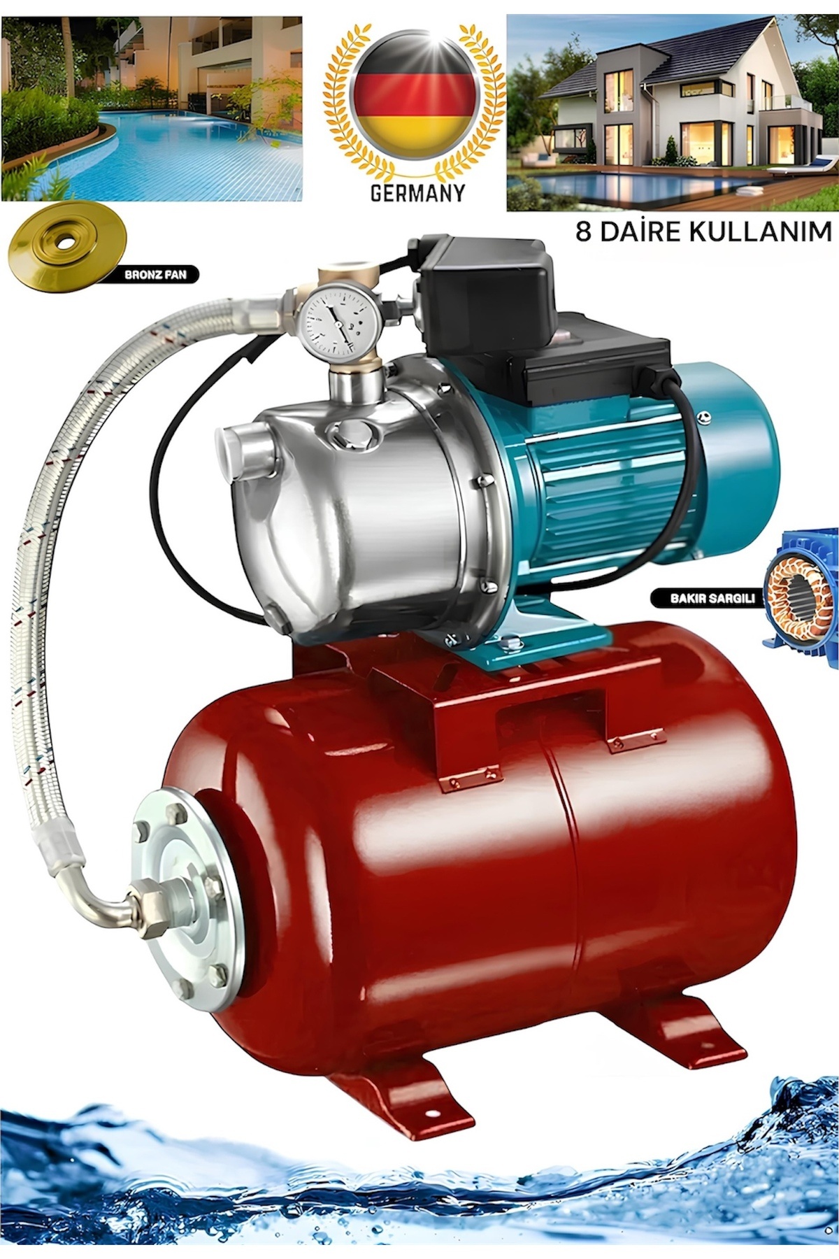 DYNAMİC MAX 2 HP JET PASLANMAZ GÖVDE SU POMPASI DAİRE KULLANIMI 50 LT TANK OTOMATİK ÇALIŞMA 8 DAİRE