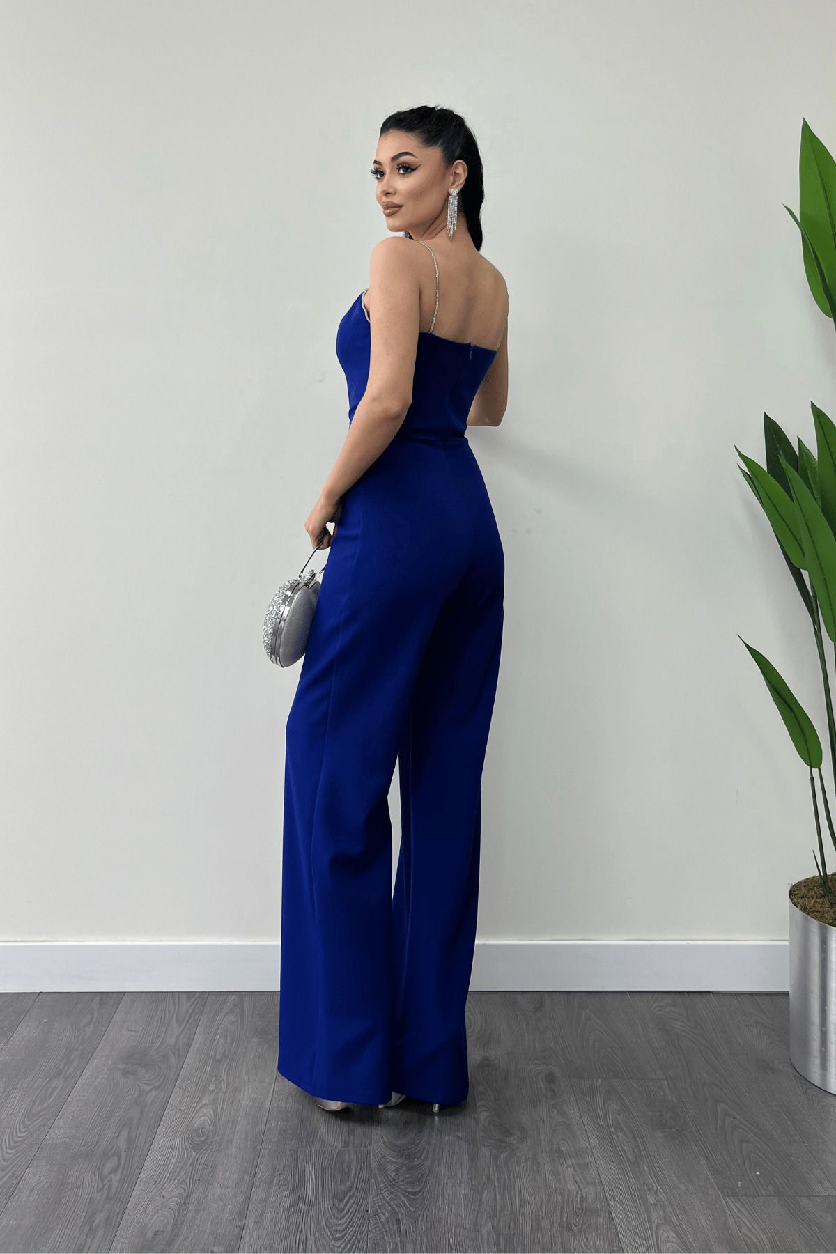 giyimmasalı-Salopetă de rochie de seară cu fundă din țesătură Atlas - SAKS BLUE 5