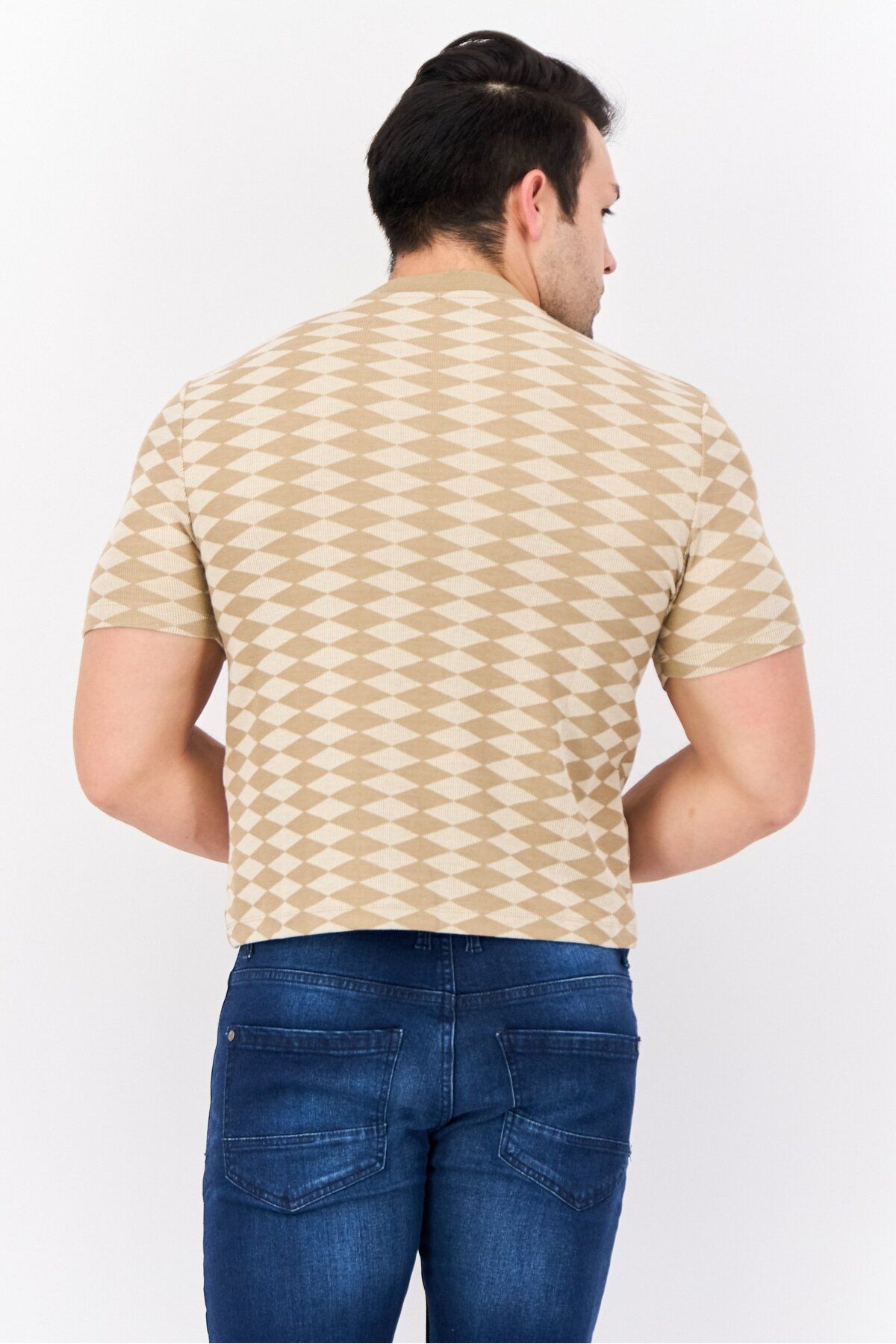 Asos Design-Men Crew Neck Short Sleeves Diamond Pattern T-Shirt, Tan 3