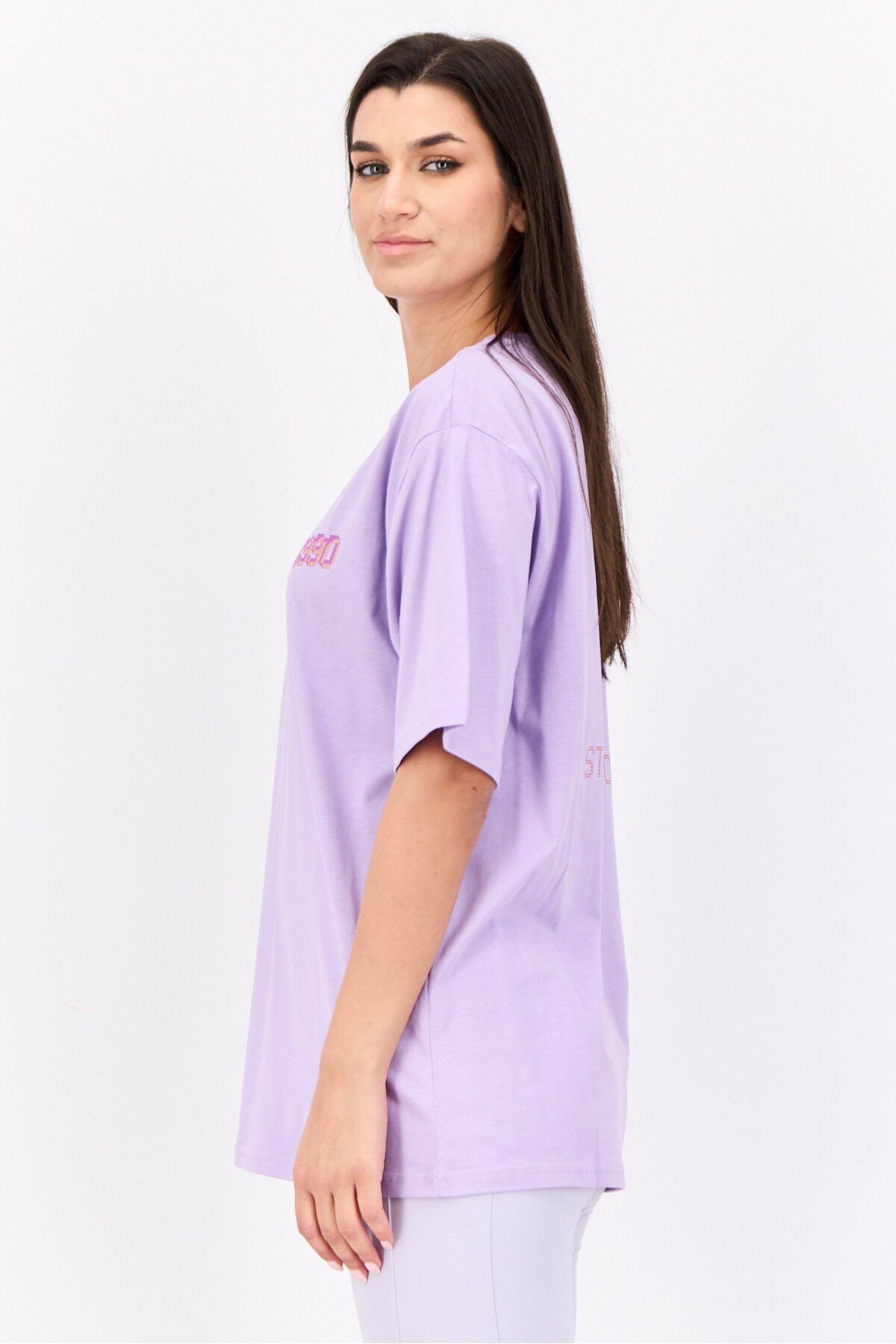 Steve Madden-Women Crew Neck Short Sleeve Graphic Print T-shirt, Lavender 3