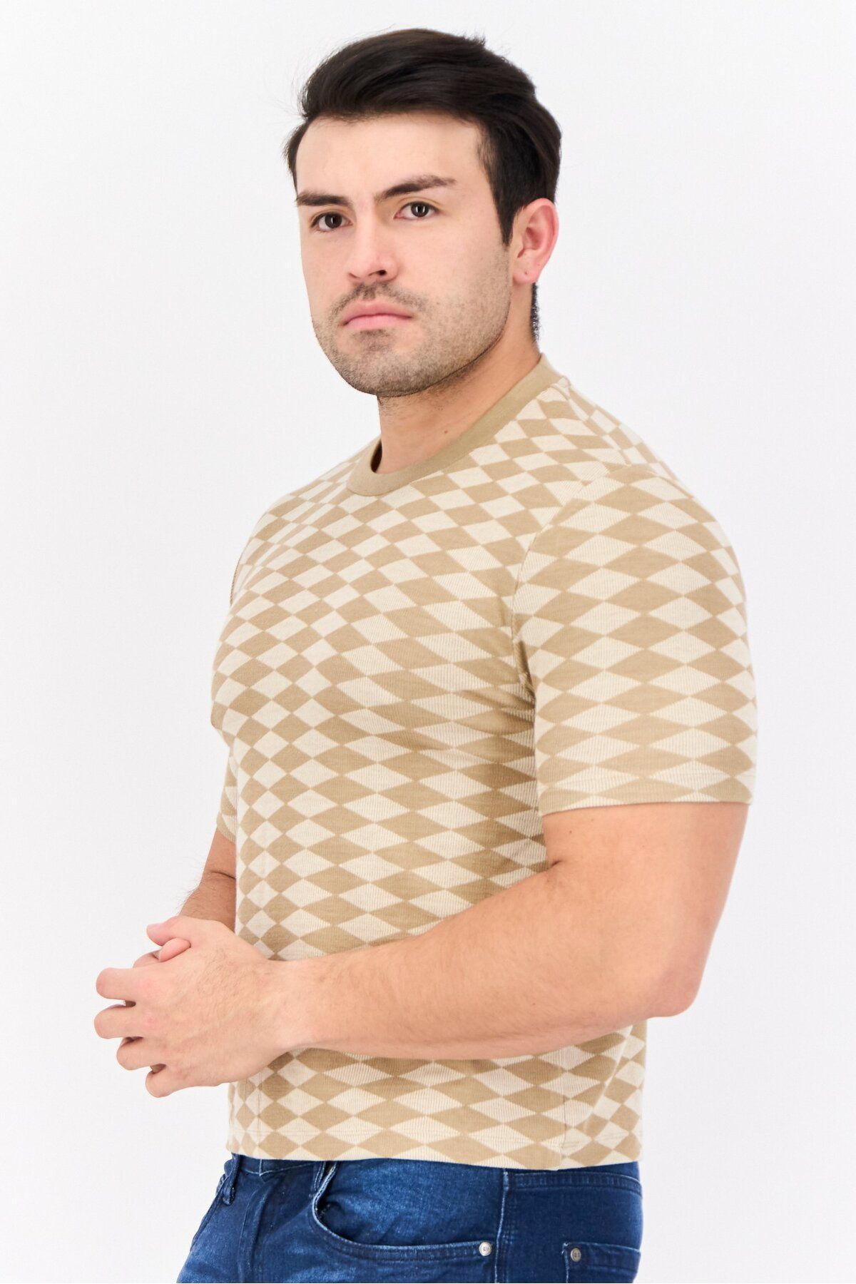 Asos Design-Men Crew Neck Short Sleeves Diamond Pattern T-Shirt, Tan 4