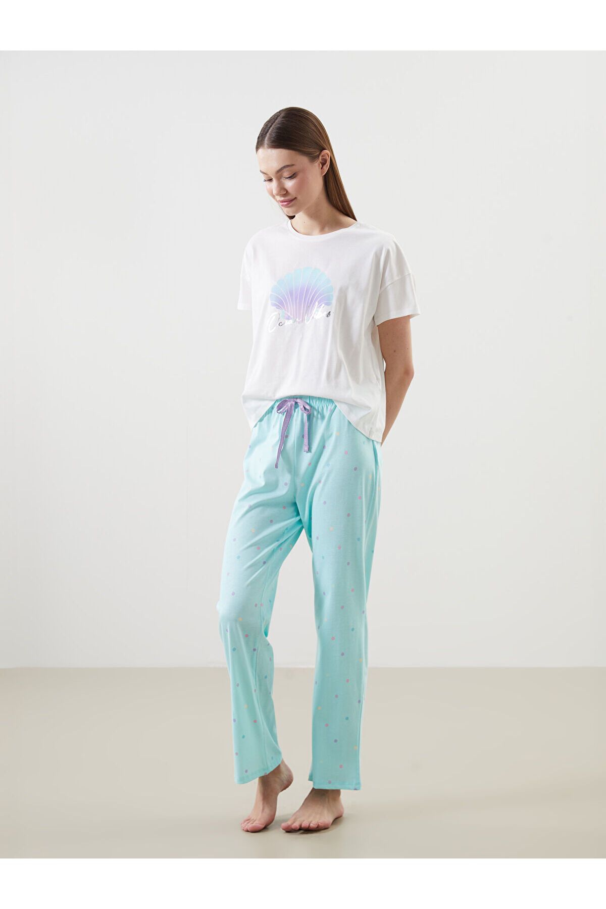 LC Waikiki LCWK Bisiklet Yaka Baskılı Kadın Pijama Takımı