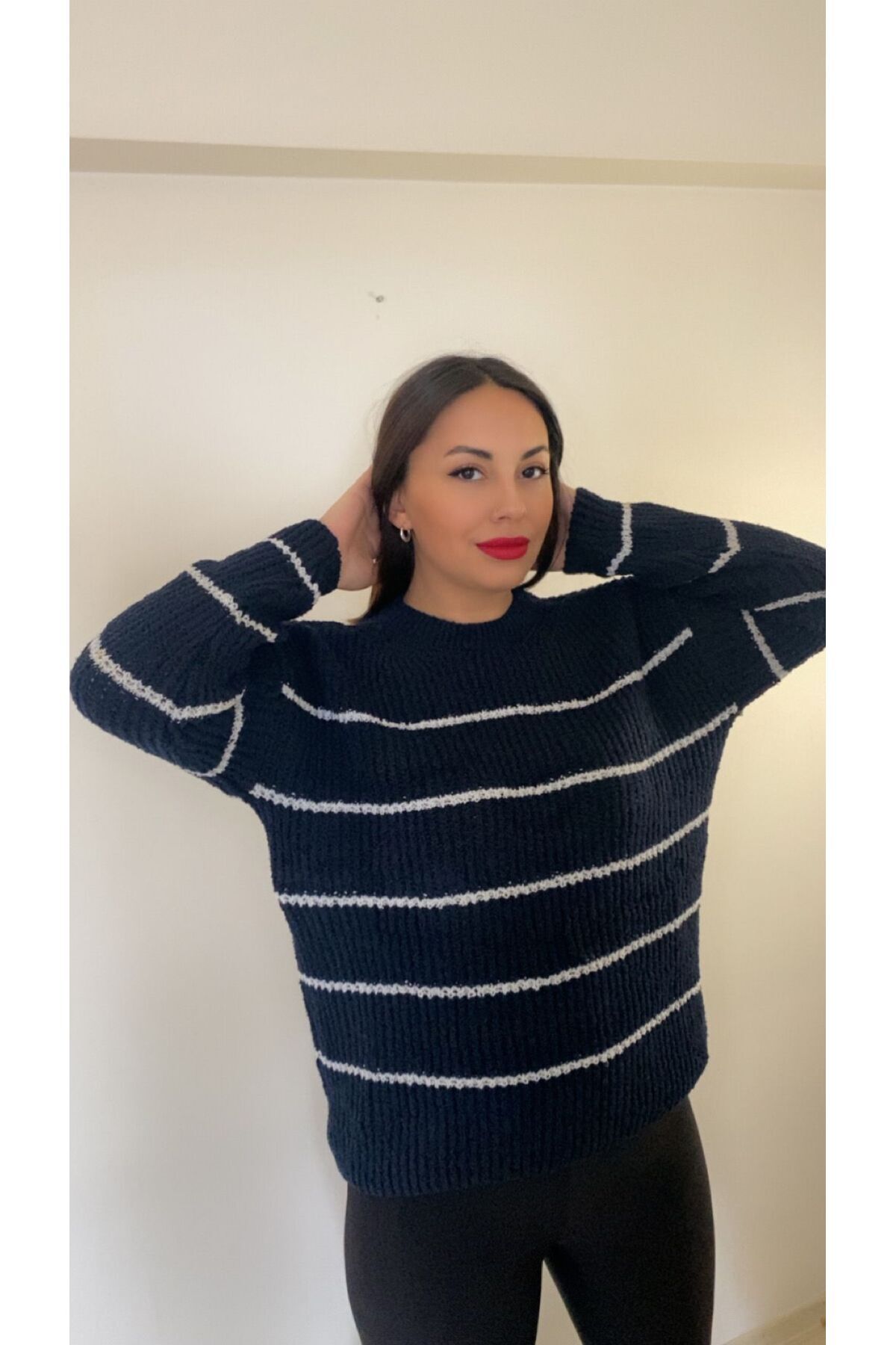 Tara Butik-Navy Blue and White Striped Thessaloniki Knitted Knitwear Sweater 2