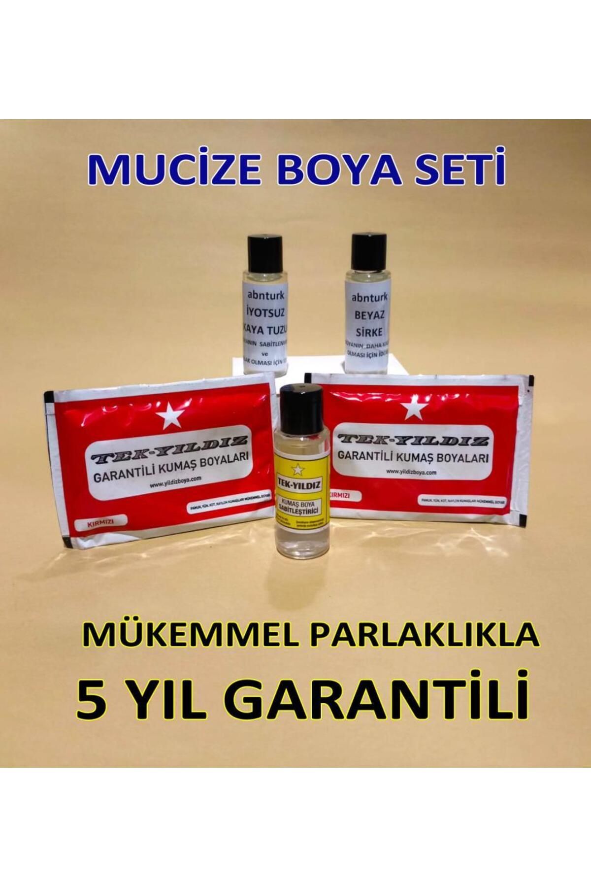 abnturk Kırmızı 5li Kumaş Boyama Seti+Sabitleyici+Kalıcı için Sirke+Parlaklık için iyotsuz Tuz+2 Adet Boya