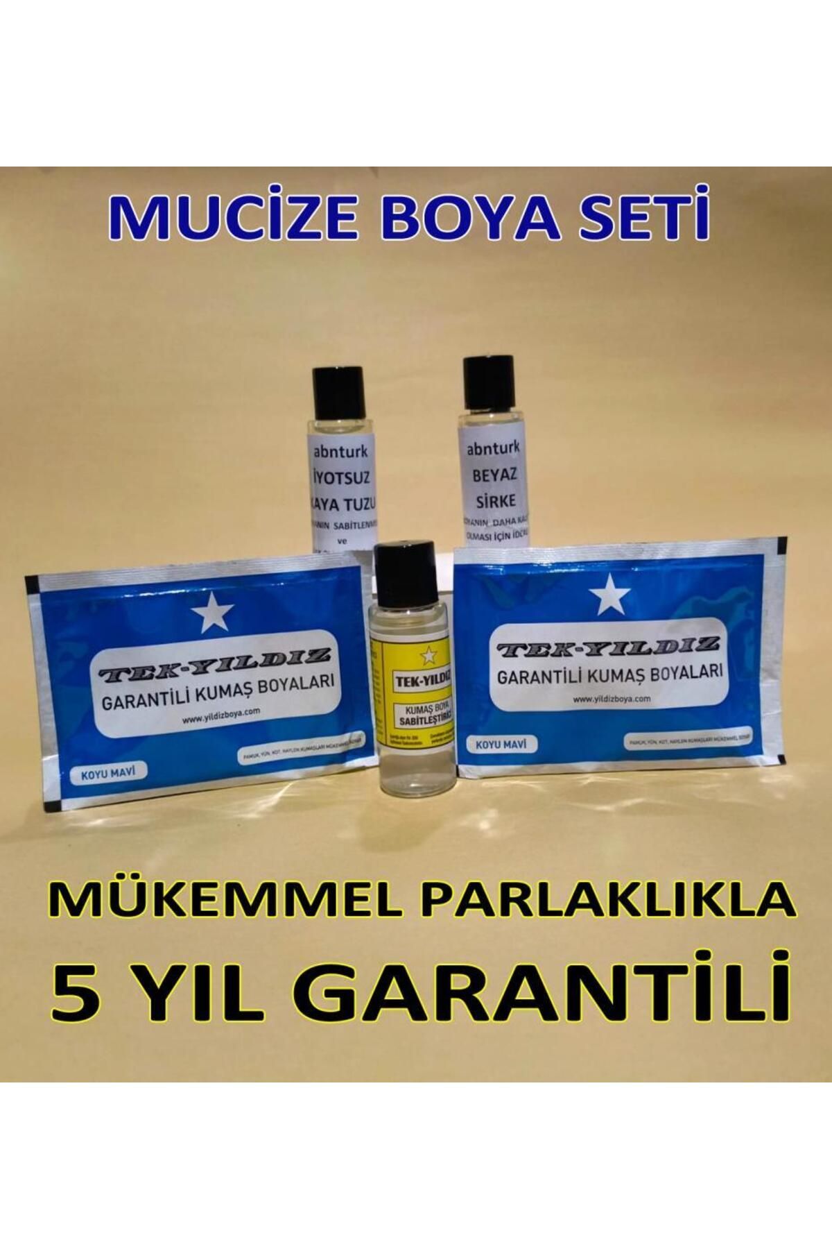 abnturk Koyu Mavi 5li Kumaş Boya Seti+Sabitleme+Kalıcı için Sirke+Parlaklık için iyotsuz Tuz+2 Adet Boya