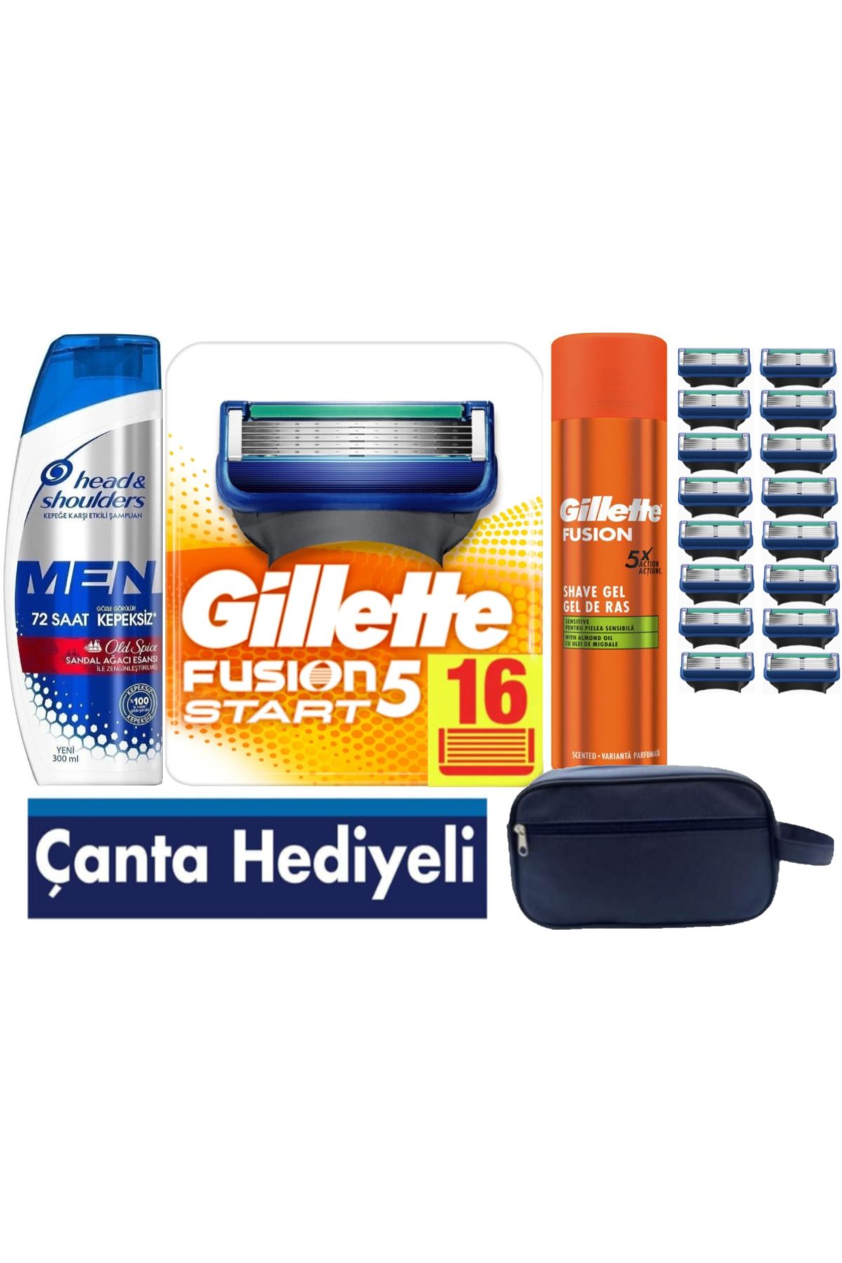 Gillette Fusion Start 16 Yedek Tıraş Bıçağı - Gillette Fusion 200 ml Jel +300 ML Şampuan+ Çanta