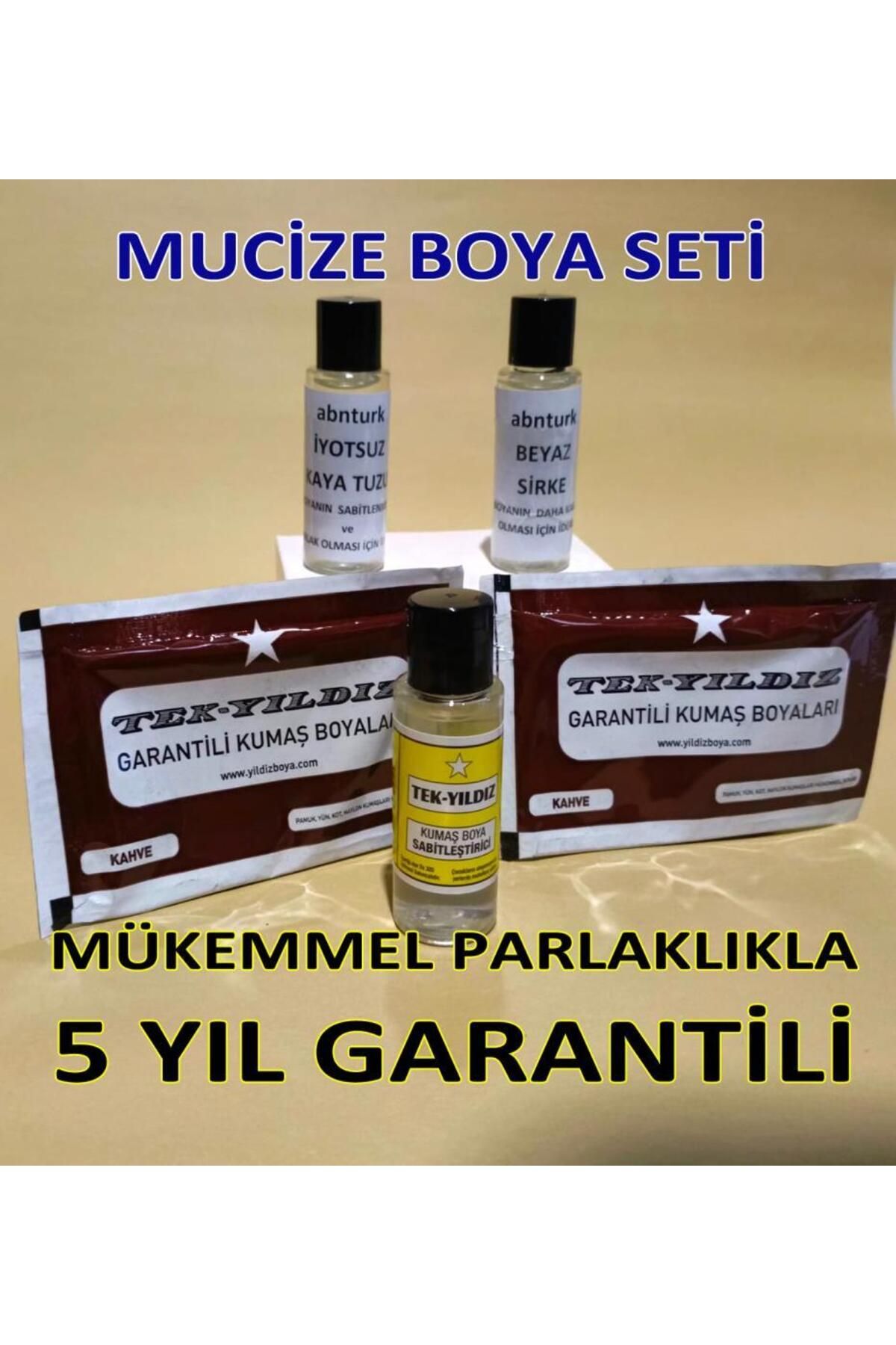 abnturk KahveRenk 5li Kumaş Boyama Seti+Sabitleyici+Kalıcı için Sirke+Parlaklık için iyotsuz Tuz+2 Adet Boya