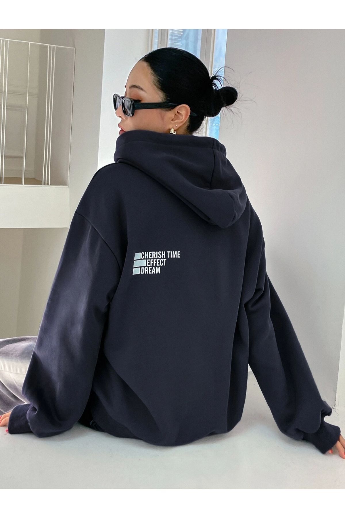 GIANTSTORE Kadın Cherısh Time Baskılı Oversize Lacivert Kapuşonlu Sweatshirt
