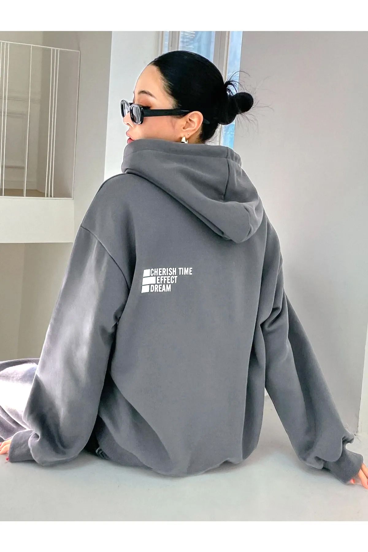 GIANTSTORE Kadın Cherısh Time Baskılı Oversize Antrasit Kapuşonlu Sweatshirt