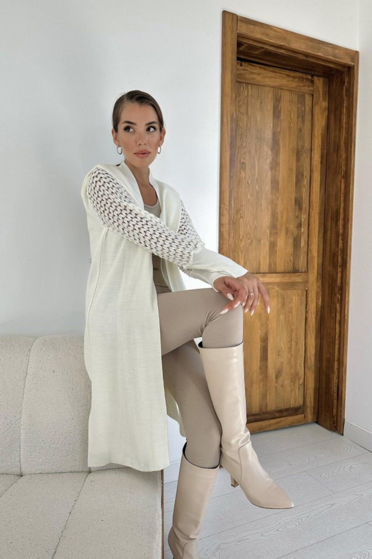 JANES-Ecru Knitted Knitwear Cardigan with Knitted Sleeves 4