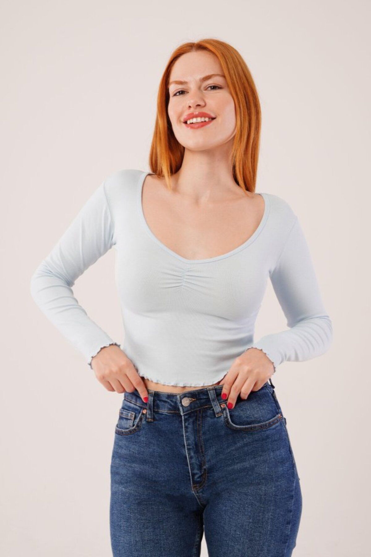 Asap Geniş Yaka Bebe Mavisi Basic Body Bluz
