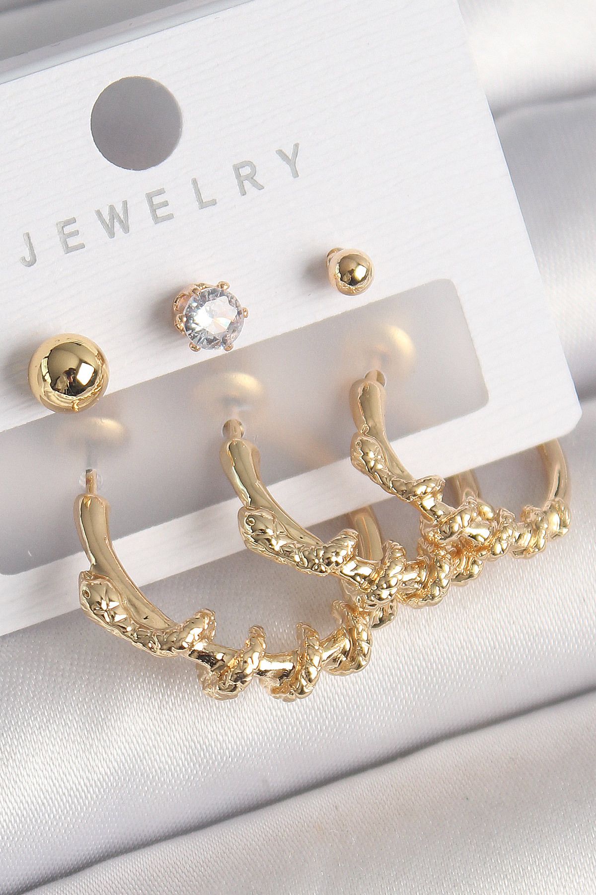 LovelymCo Pirinç Gold Renk Sarmal Yılan Halka Model Zirkon Taşlı Topçuk Detay Kadın Küpe Seti - Lisinya