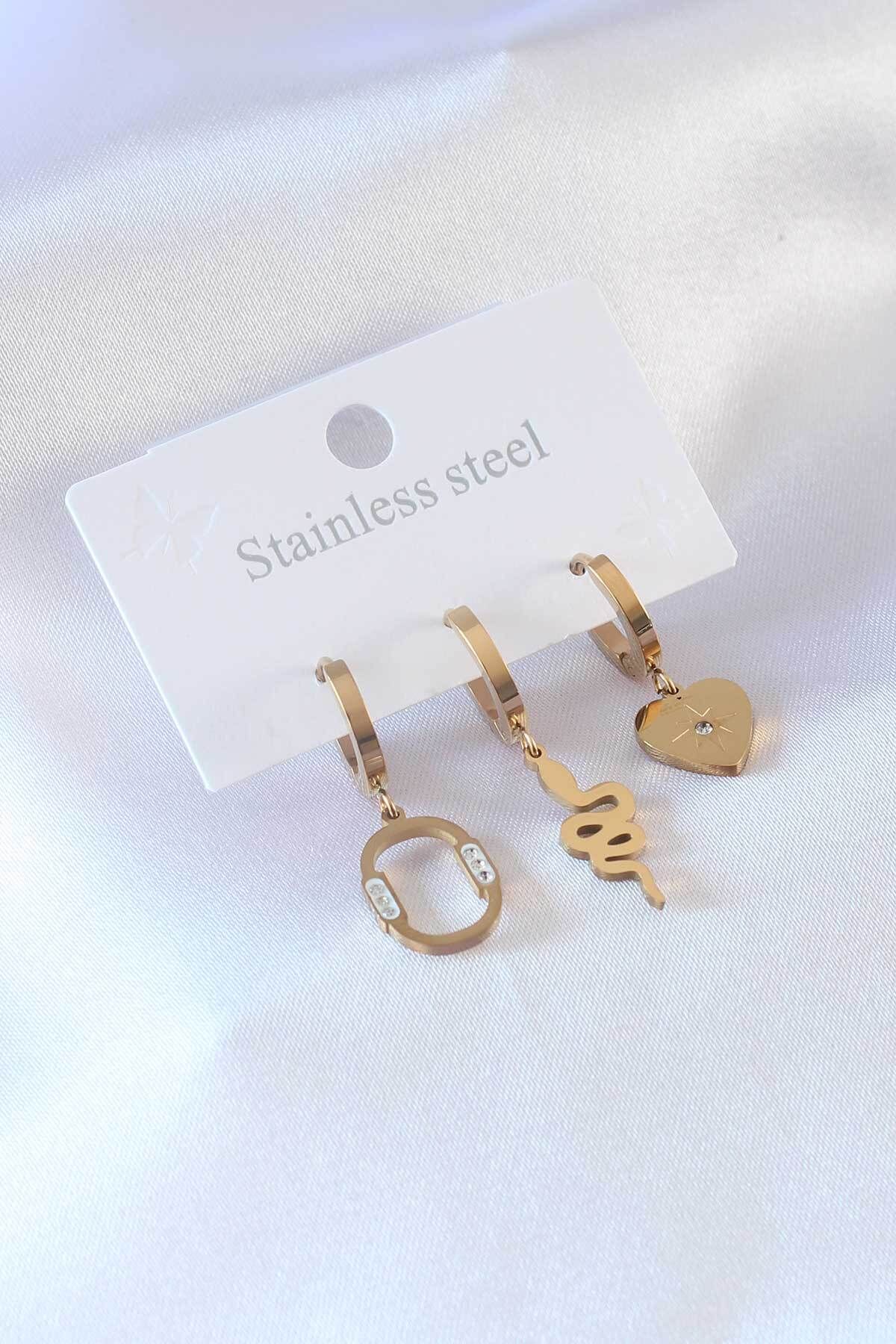 LovelymCo 316L Çelik Gold Renk Yılan Model Kalp Detay Zirkon Taşlı Kadın Küpe - Lisinya