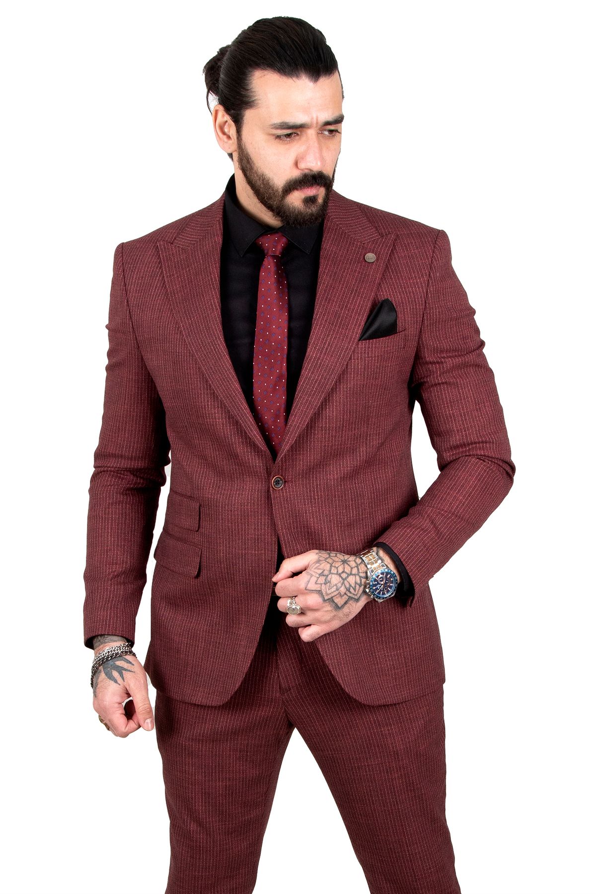 Rizz up Erkek Bordo Çizgi Desenli Kırlangıç Yaka Slim Fit 2'li Takım Elbise 2303089