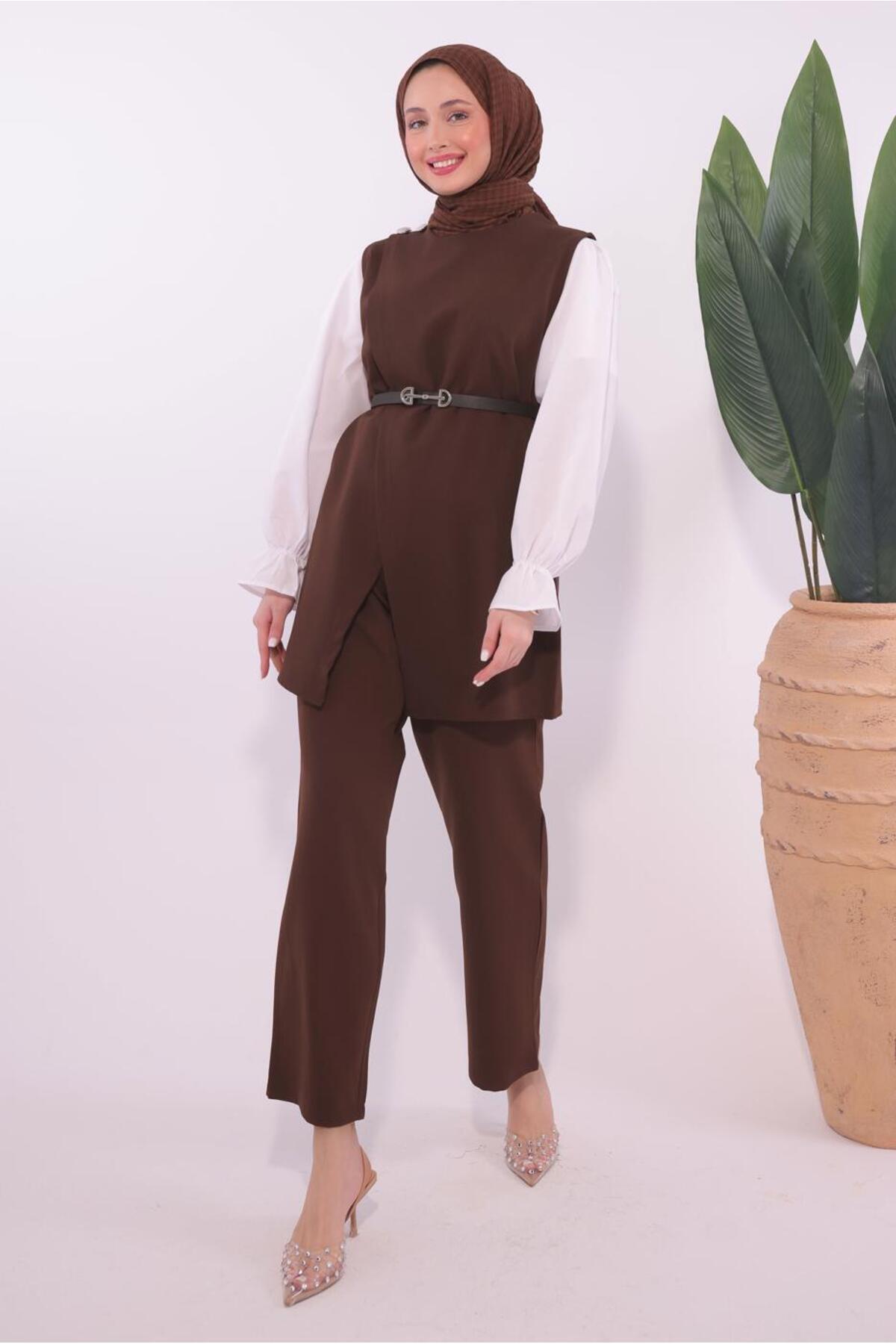 TRENDTESETTÜR-Women's Brown Belted Trousers Suit T0184 2