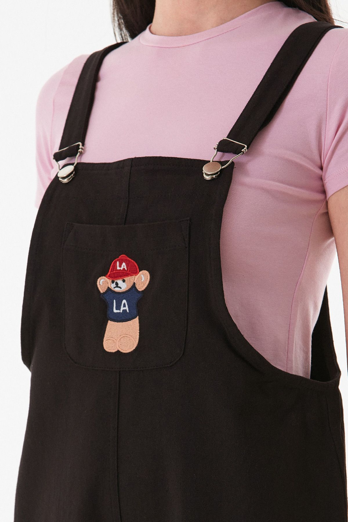 Fulla Moda-Teddy Bear Embroidered Strappy Jumpsuit with Front Pocket 7