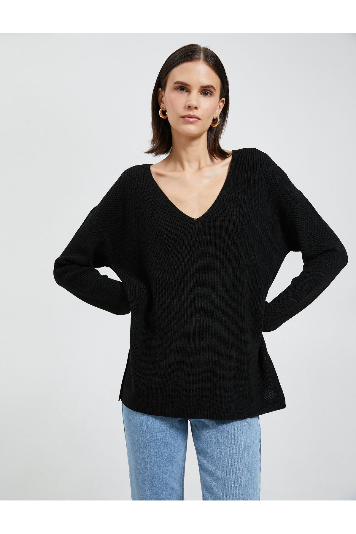 Koton-Pullover mit V-Ausschnitt, Oversize-Langarm, Kaschmir-Struktur 2