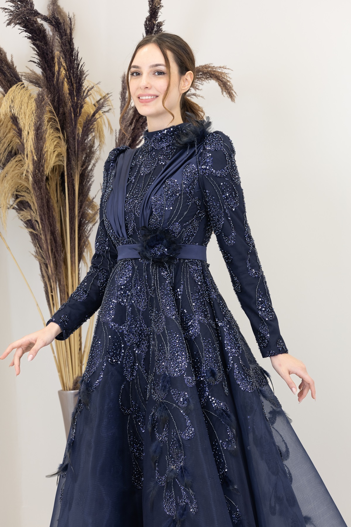 piennar modest evening dress product info and reviews PENNAR Icon Evening Dress with Tulle Detail on the Shoulders and Waist- Trendyol