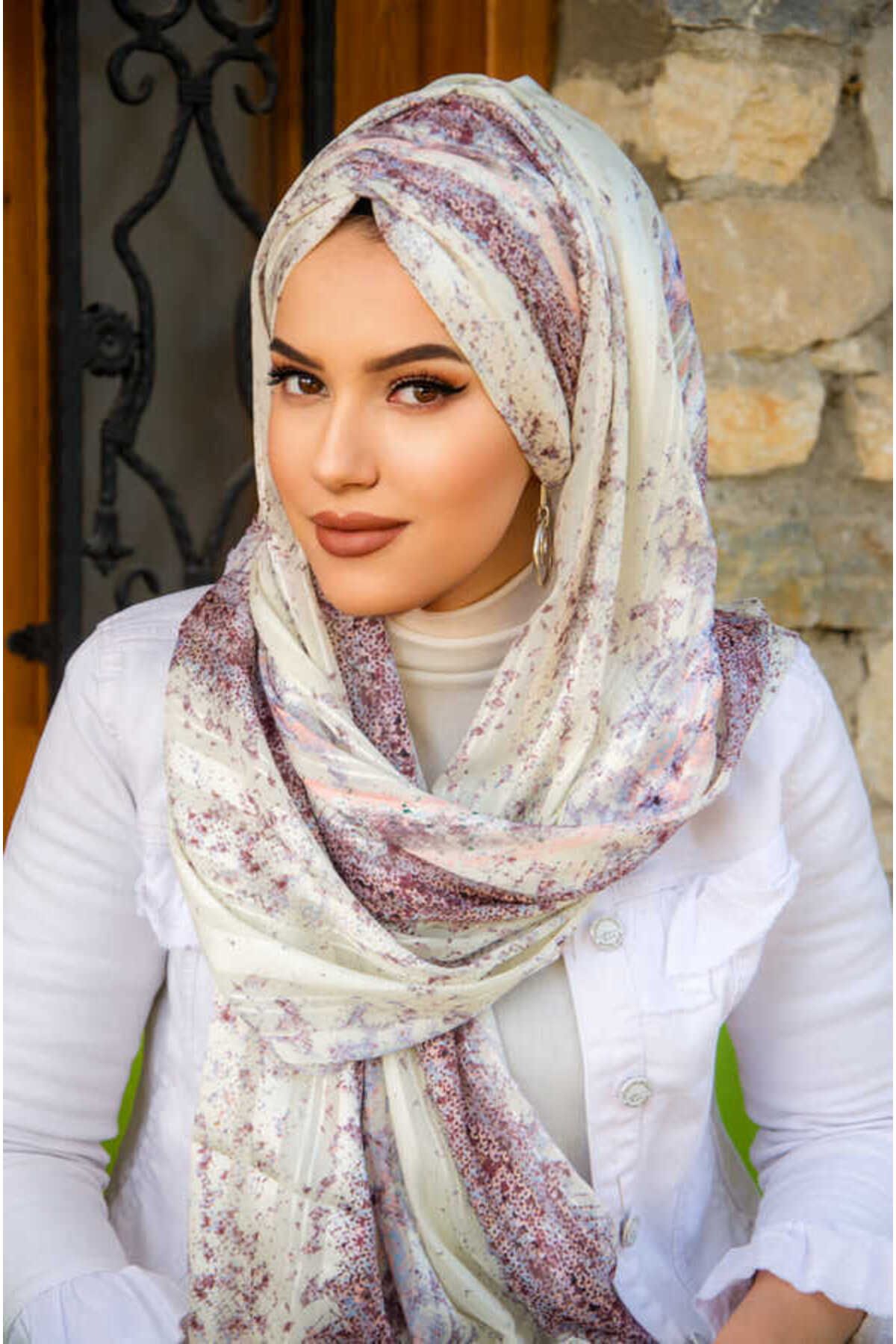 Aişe tesettür-Plum Ecru Patterned Ready Made Chiffon Shawl 2