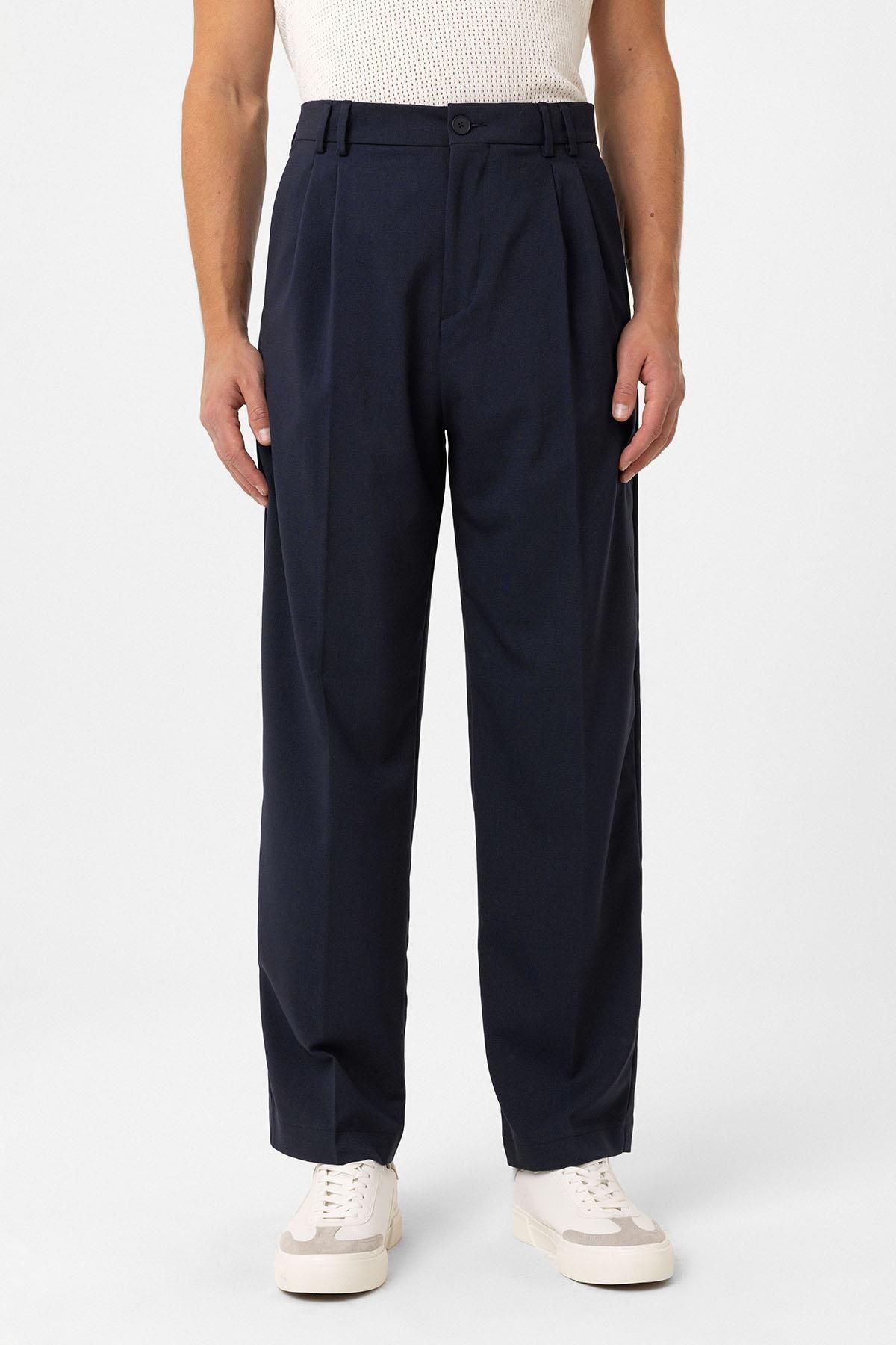Antioch-Navy Blue Double Pleated Baggy Fit Men's Trousers 3