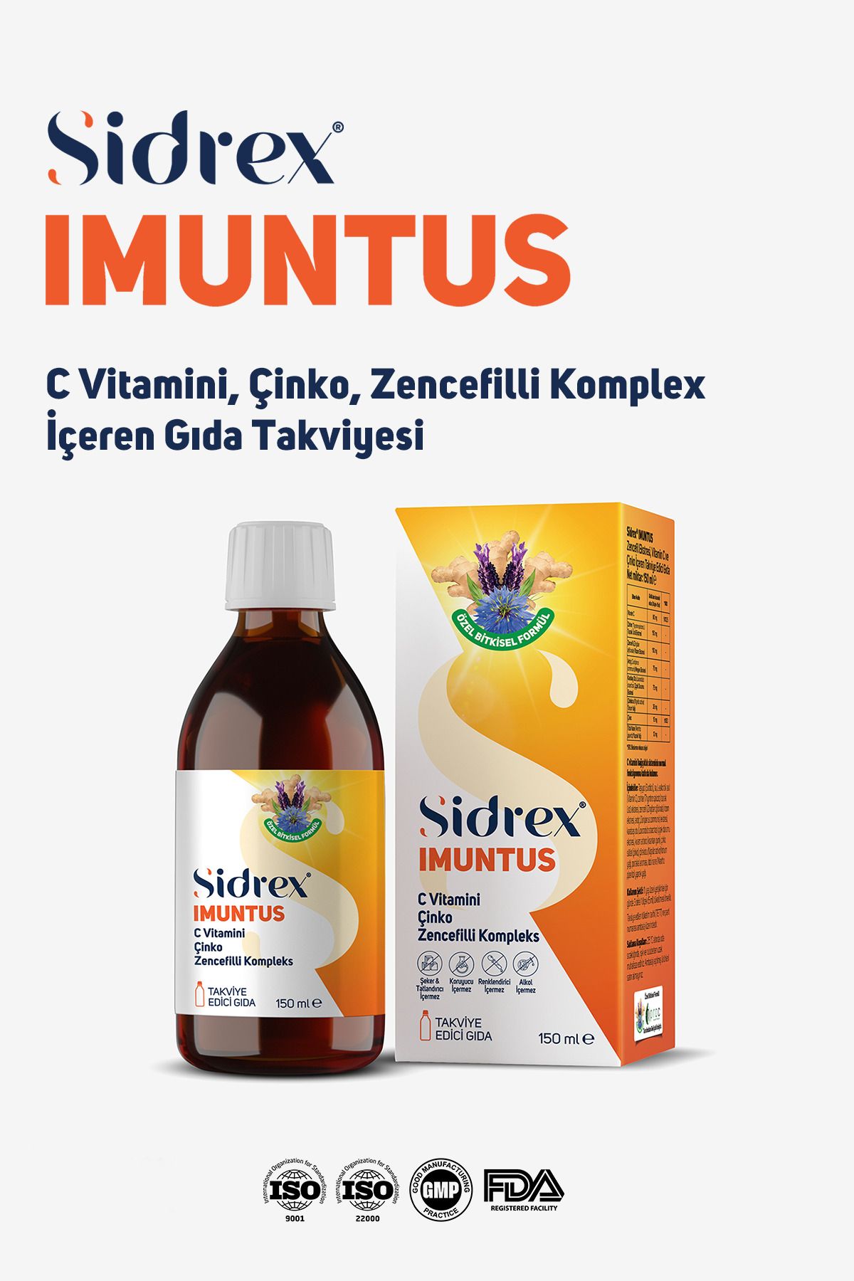 SIDREX Imuntus Zencefil Ekstresi, Vitamin C Ve Çinko Içeren Takviye Edici Gıda