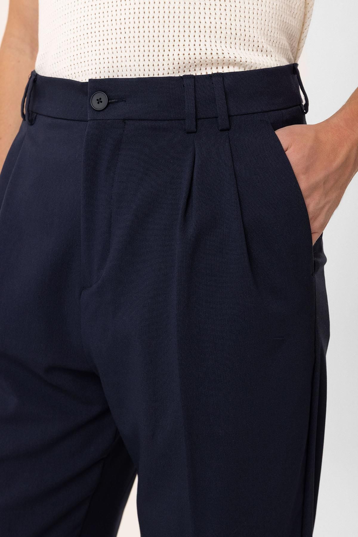 Antioch-Navy Blue Double Pleated Baggy Fit Men's Trousers 4