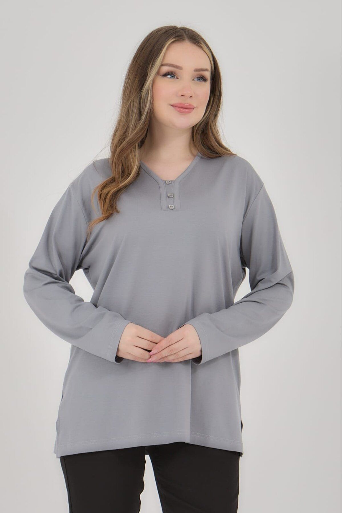 Fresh&Moda-بلوزة نسائية من القطن الممشط برقبة على شكل حرف V مقاس كبير من الليكرا للأم في منتصف العمر 7