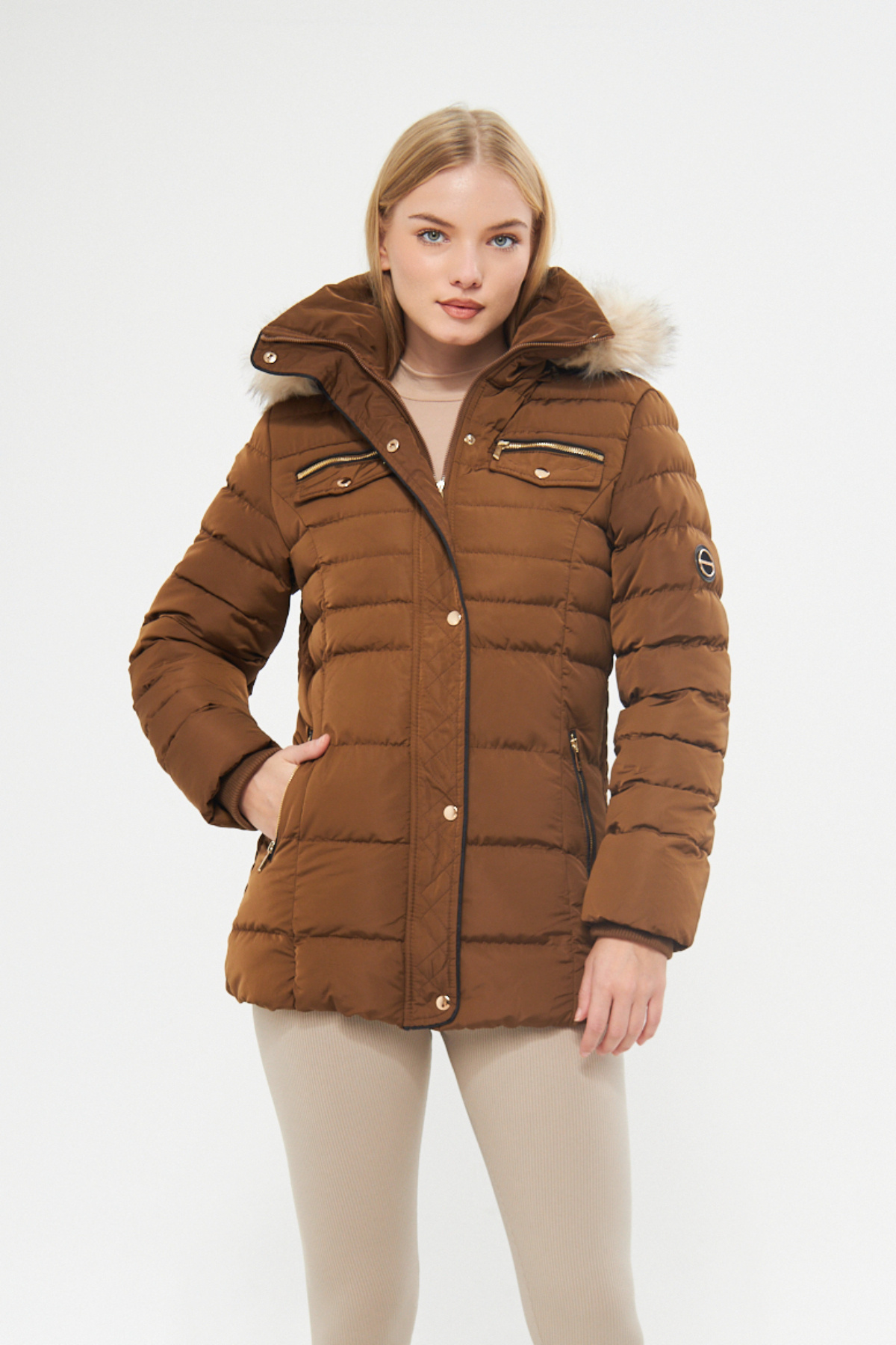 Women's Rose Hooded Removable Fur Lined Thick Coat 5303