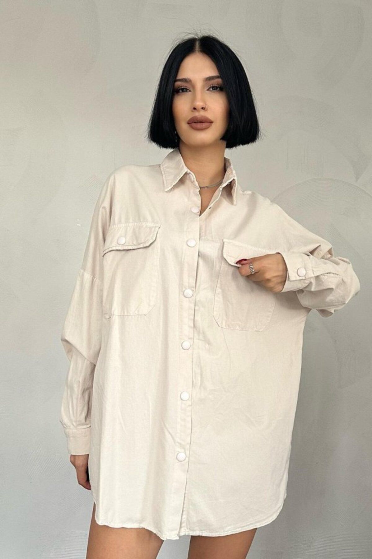 ASFSTORE Bej Çift Cep Kapaklı Çıtçıtlı Gömlek