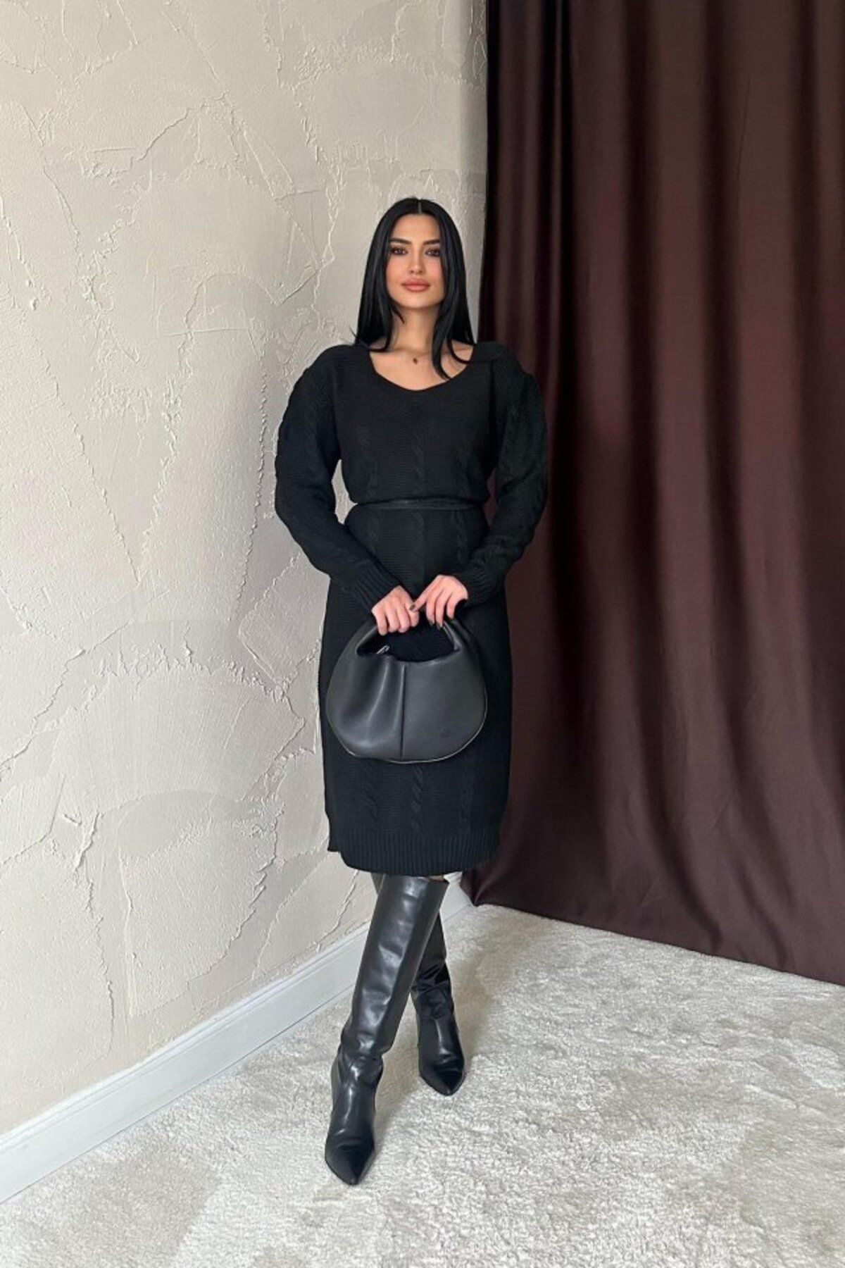 meisa Siyah Kemerli Triko Elbise